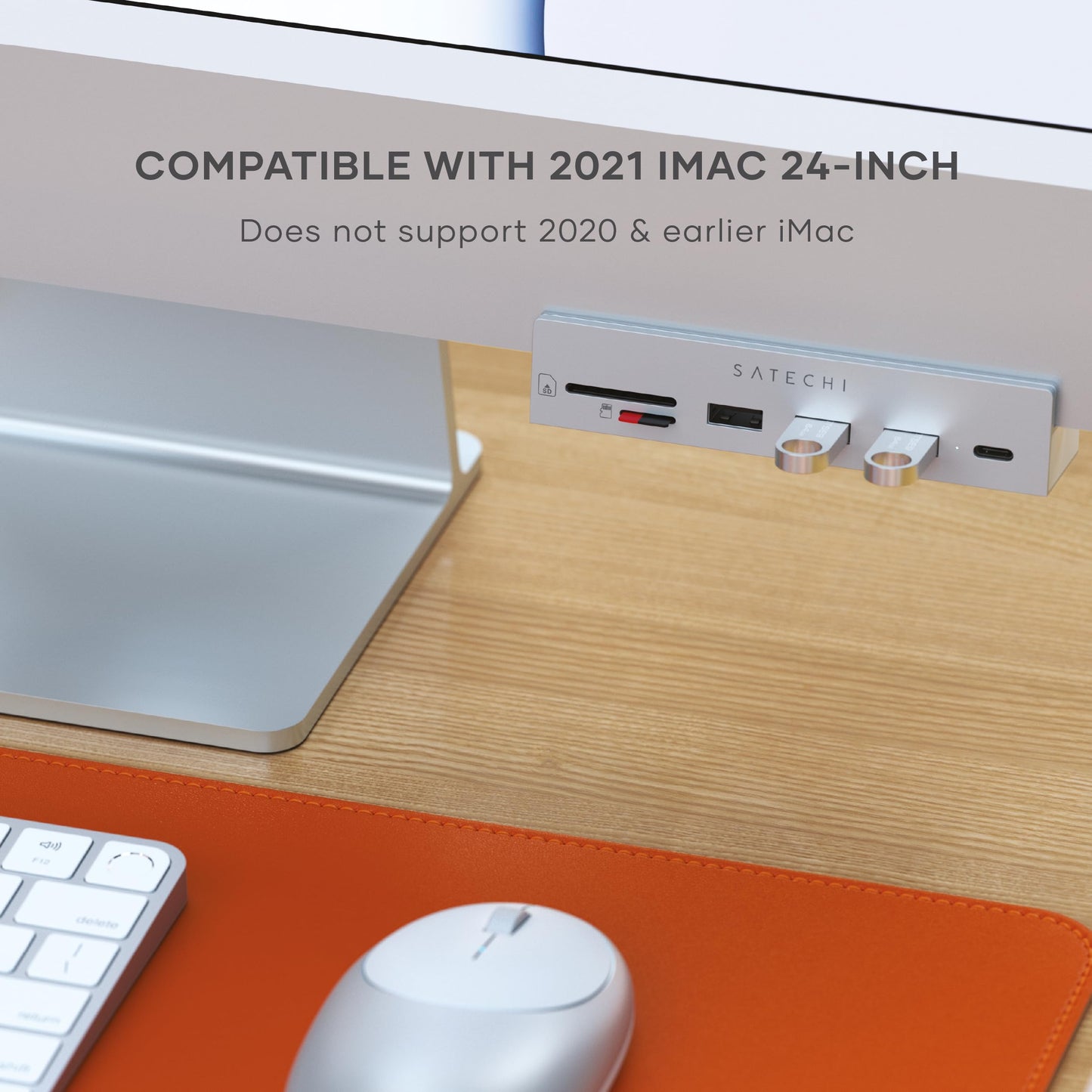 Hub USB C SATECHI Plata con Pinza y Lector de Tarjetas para Apple Studio Display y iMac M1 2021