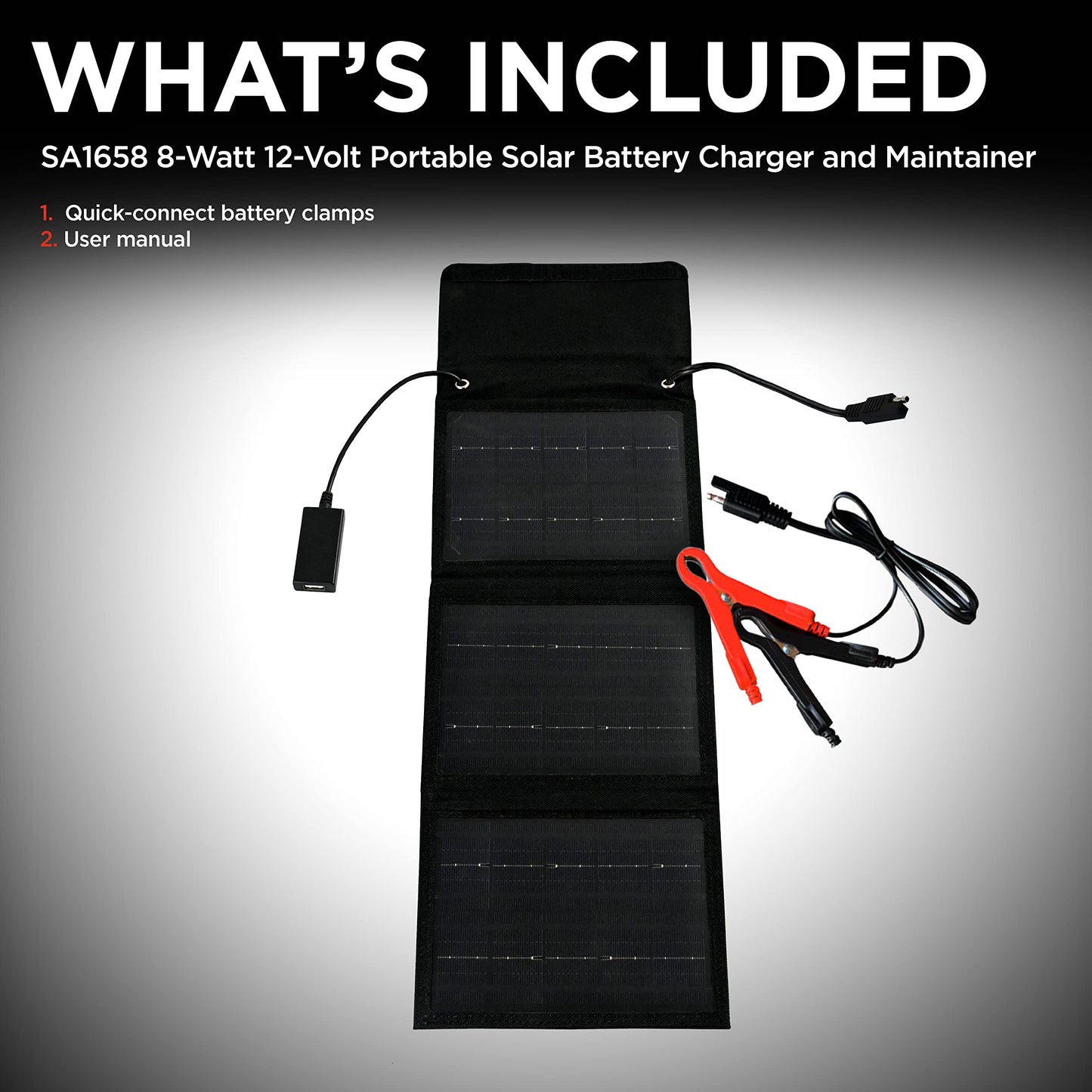 Schumacher Cargador de batería Solar portátil eléctrico, SA1658, 8 vatios, 12 voltios, para Coche, Motocicleta y baterías Deportivas de Potencia, Resistente al Agua, Puerto USB de 1.7 amperios