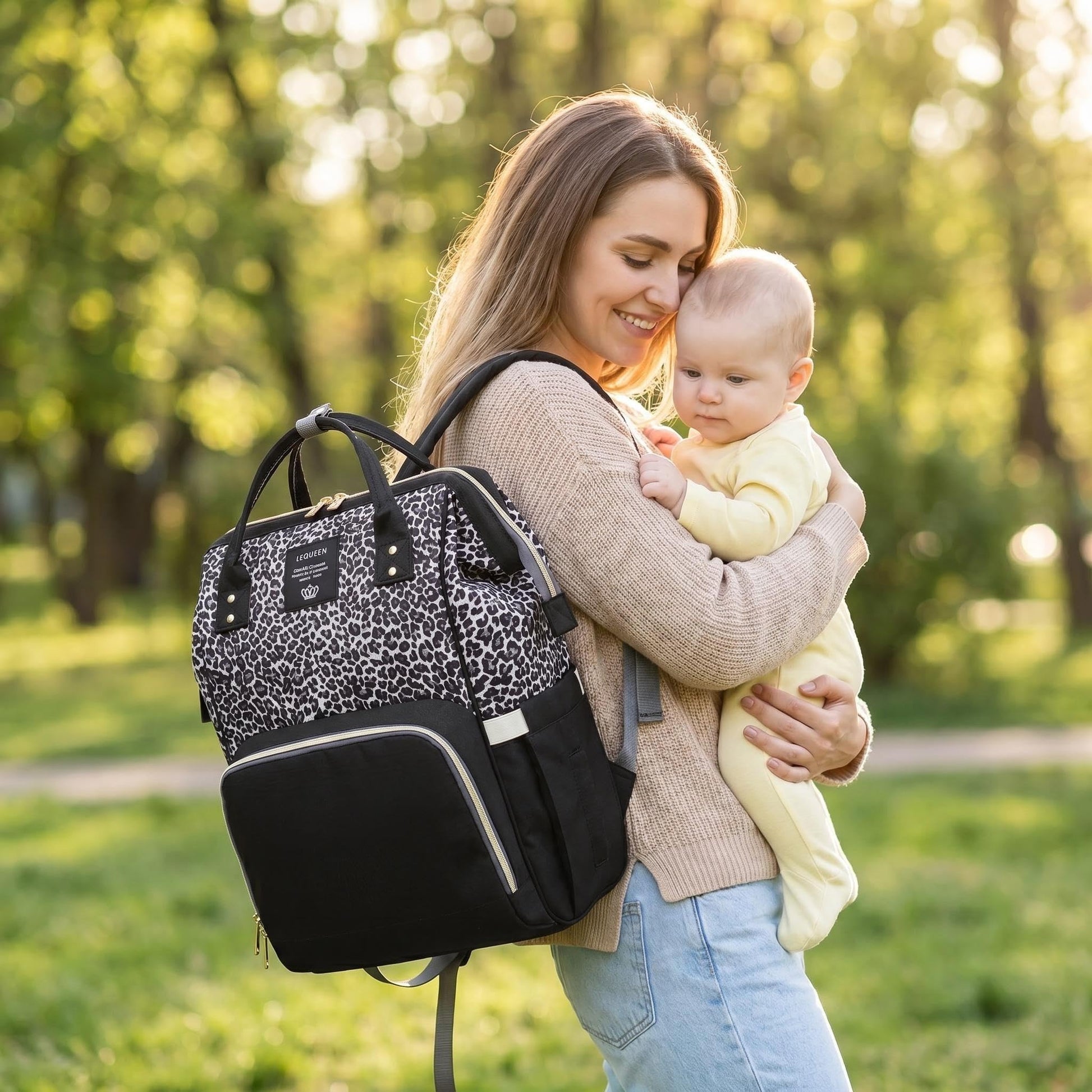 Bolsas de pañales con estampado de leopardo, multifuncional, bolsa de pañales para cuidado del bebé, mochila de viaje, gran capacidad, café