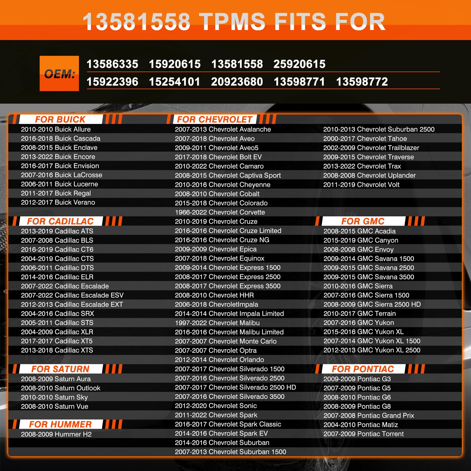 ISINFLASH Sensor TPMS, sensores de sistema de monitor de presión de neumáticos de 315MHZ, compatibles con Chevy GMC Buick Cadillac Pontiac Reemplazar OE 13581558, 13598771,13598772, 13586335,