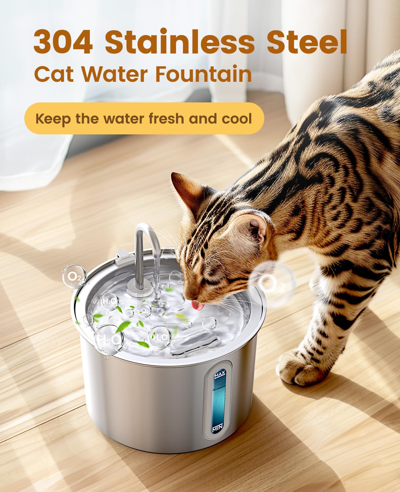 Fuente de Agua de Acero Inoxidable Oneisall Plata con Luz LED para Mascotas de 2 Litros