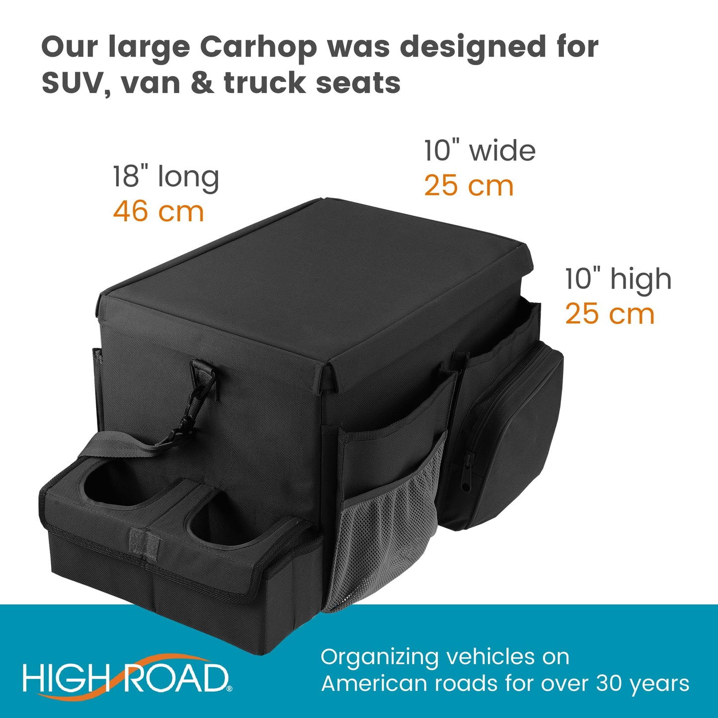 High Road - Organizador grande de asiento de coche CarHop para el asiento delantero o trasero para niños y adultos con bandeja para portavasos y bolsillos laterales y compartimento para enfriador