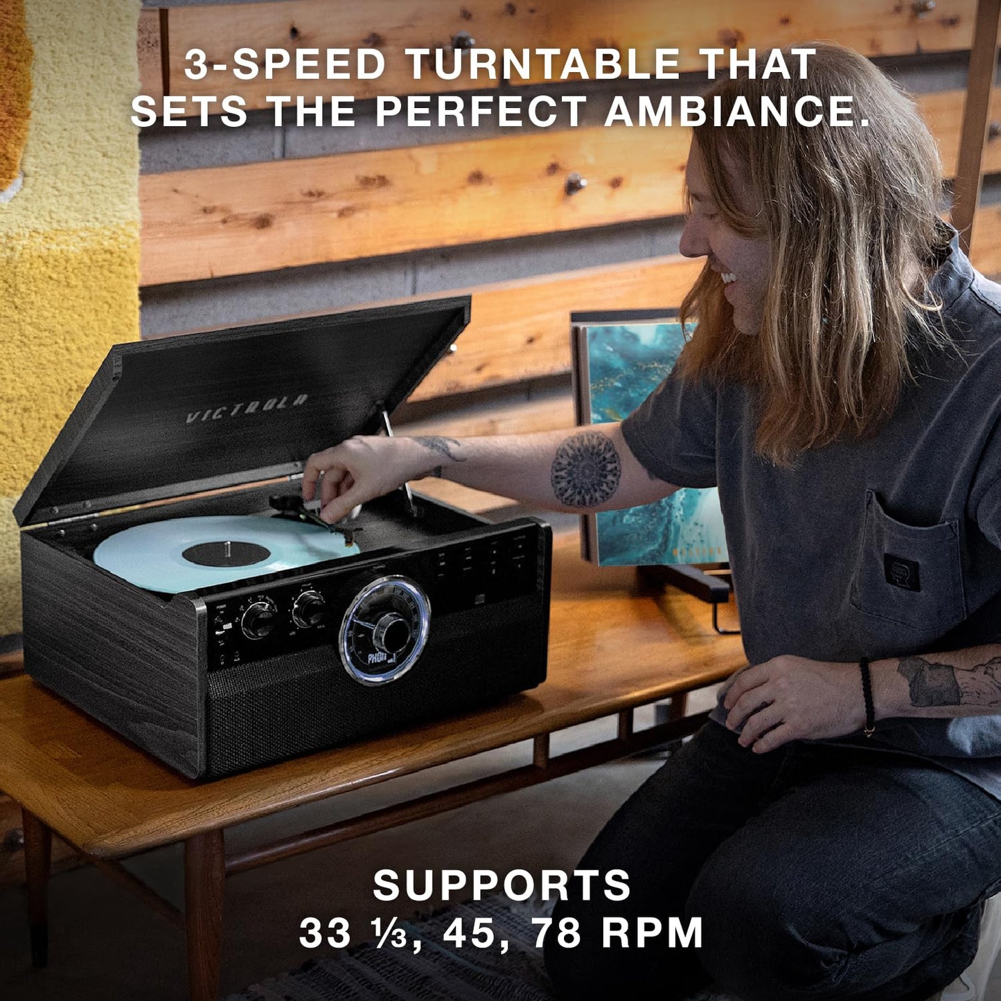 Reproductor de Discos Victrola Walnut Bluetooth para Mediados de Siglo