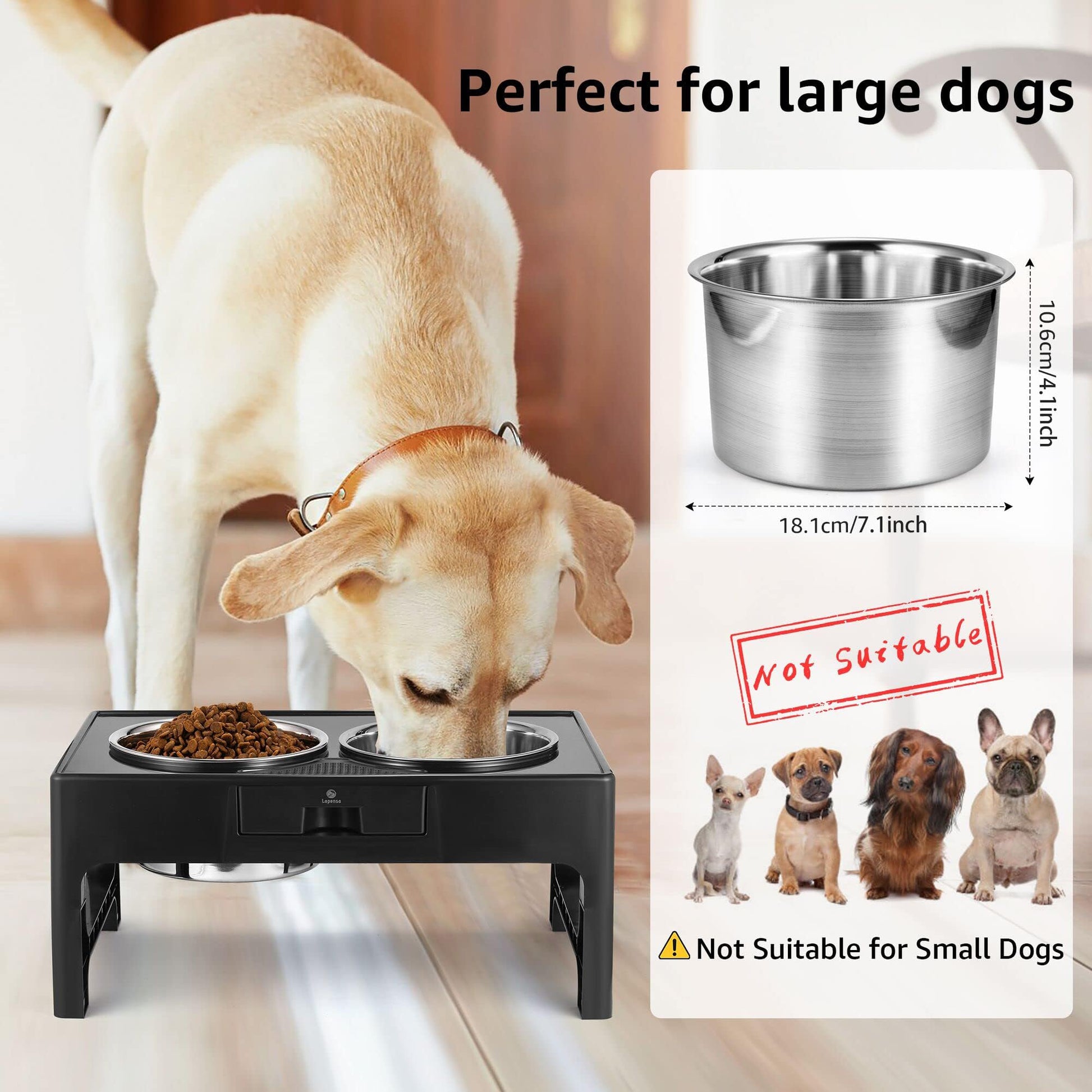 Lapensa Cuencos Elevados Para Perros, Cuenco Profundo Para Perros Elevado De Acero Inoxidable Con Soporte Ajustable, Cuenco Doble Para Comida Y Agua Para Perros Medianos Y Grandes, 3 Alturas 3.9", 7.8