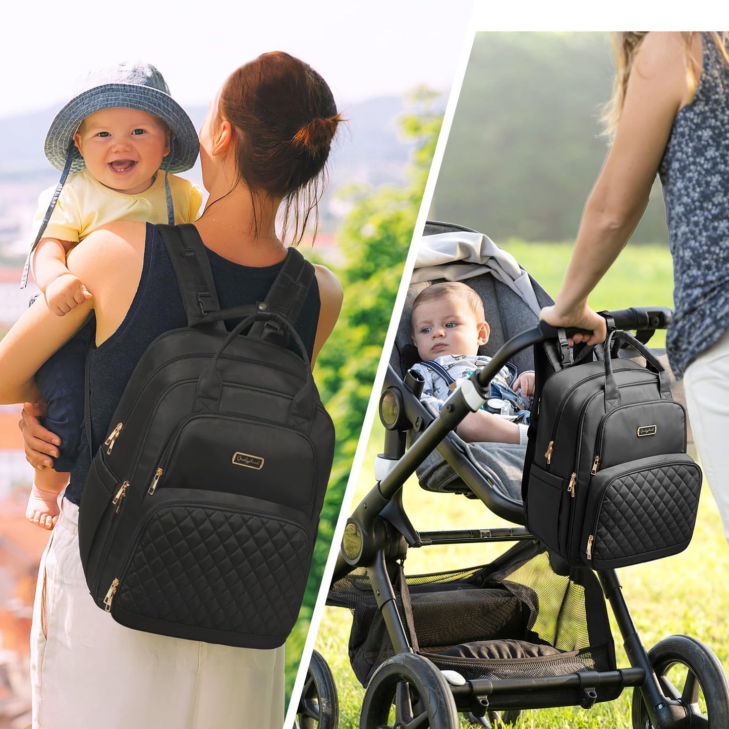 Qualyphant - Mochila de pañales extra grande para 2 niños gemelos (Expandible de 30-38L) - Mochila de viaje para bebé con cambiador para mamá o papá (Acolchada, resistente al agua, color negro)