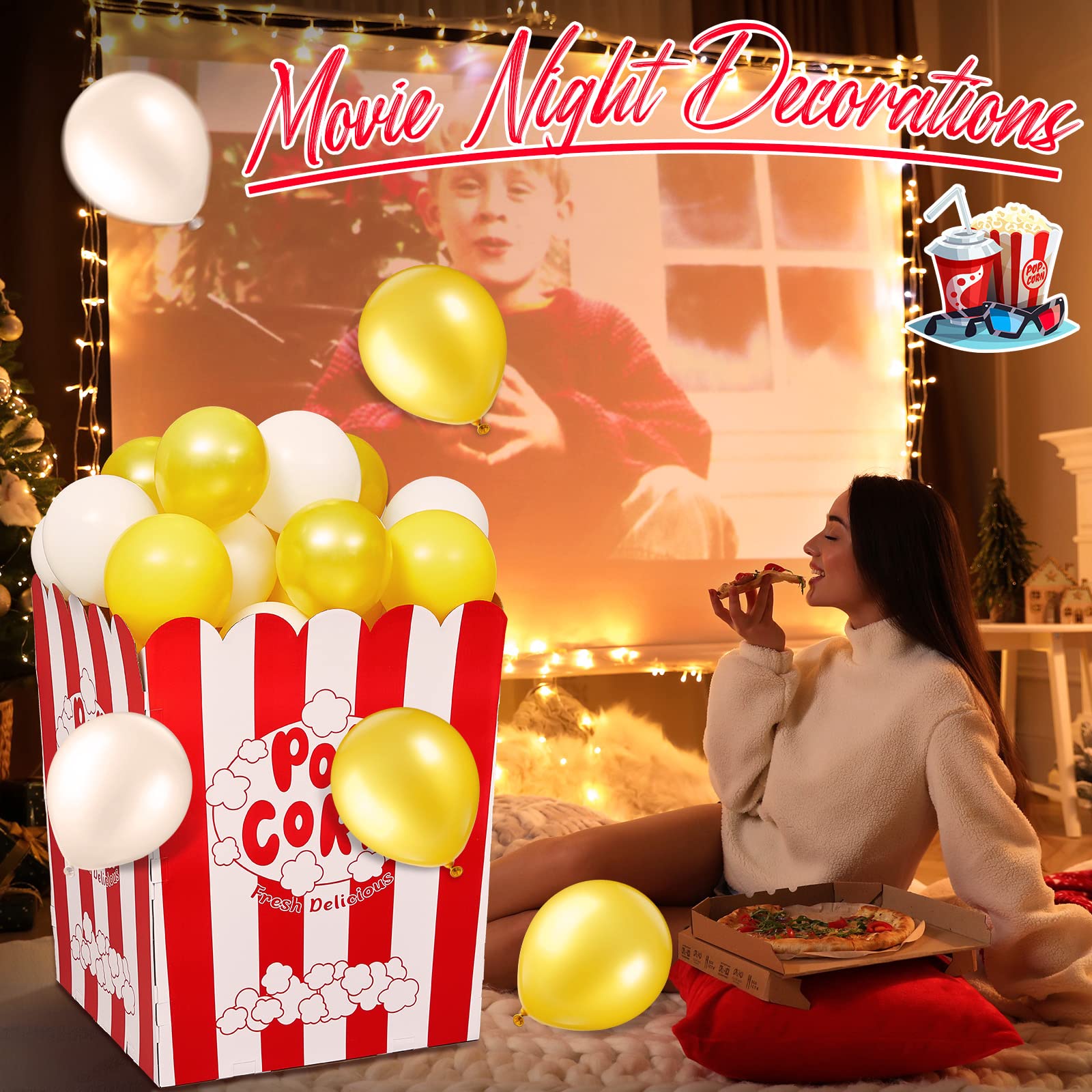Caja de Popcorn Gigante con Globos y Bomba de Globos Soporte de Exhibición de Palomitas de Maíz de Cartón Grande Decoraciones de Utilería de Palomitas de Maíz para Noche de Cine, Carnaval (50 Piezas)