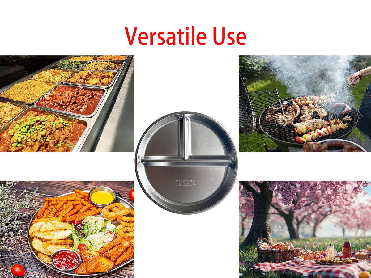 Lijinhe - Juego de 4 platos de acero inoxidable para niños, bandeja de alimentos dividida para adultos, niños, camping, almuerzo y cena