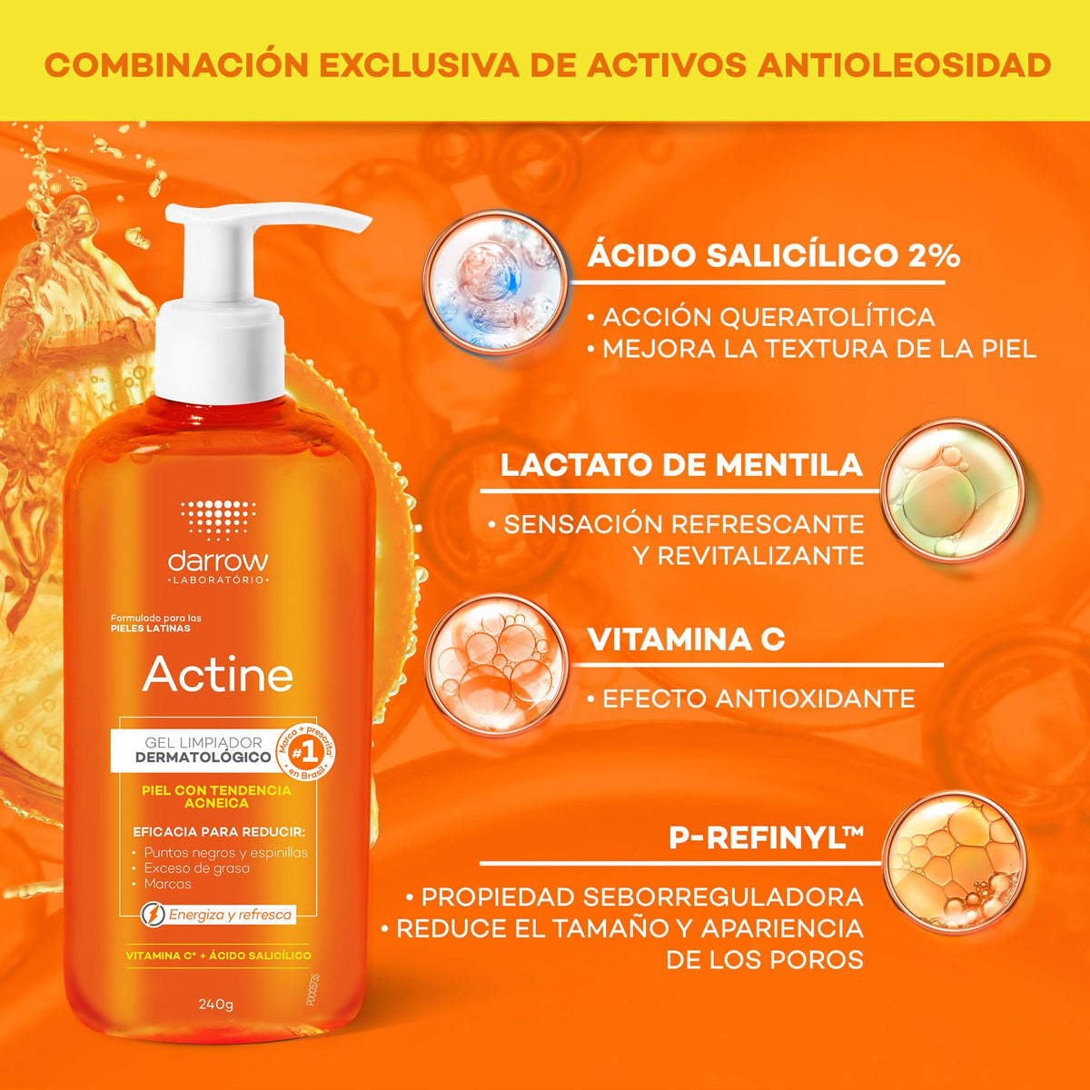 Darrow Actine Gel Limpiador Facial Vitamina C Piel Grasa y Acné, 240g
