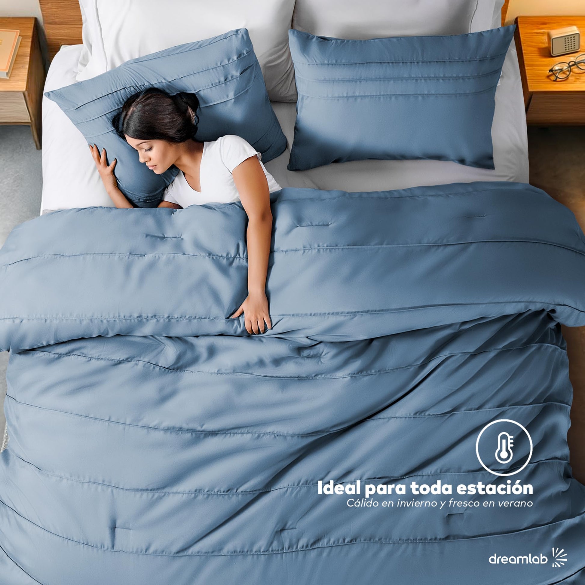 Dreamlab Juego Edredón Acolchado Reversible, Plisado, Ultra Suave, Hipoalergénico, Incluye 1 Funda de Almohada, Ideal para Todo el Año. Set 3 Pzas, Tamaño Individual 162x223cm, Azul Mezclilla