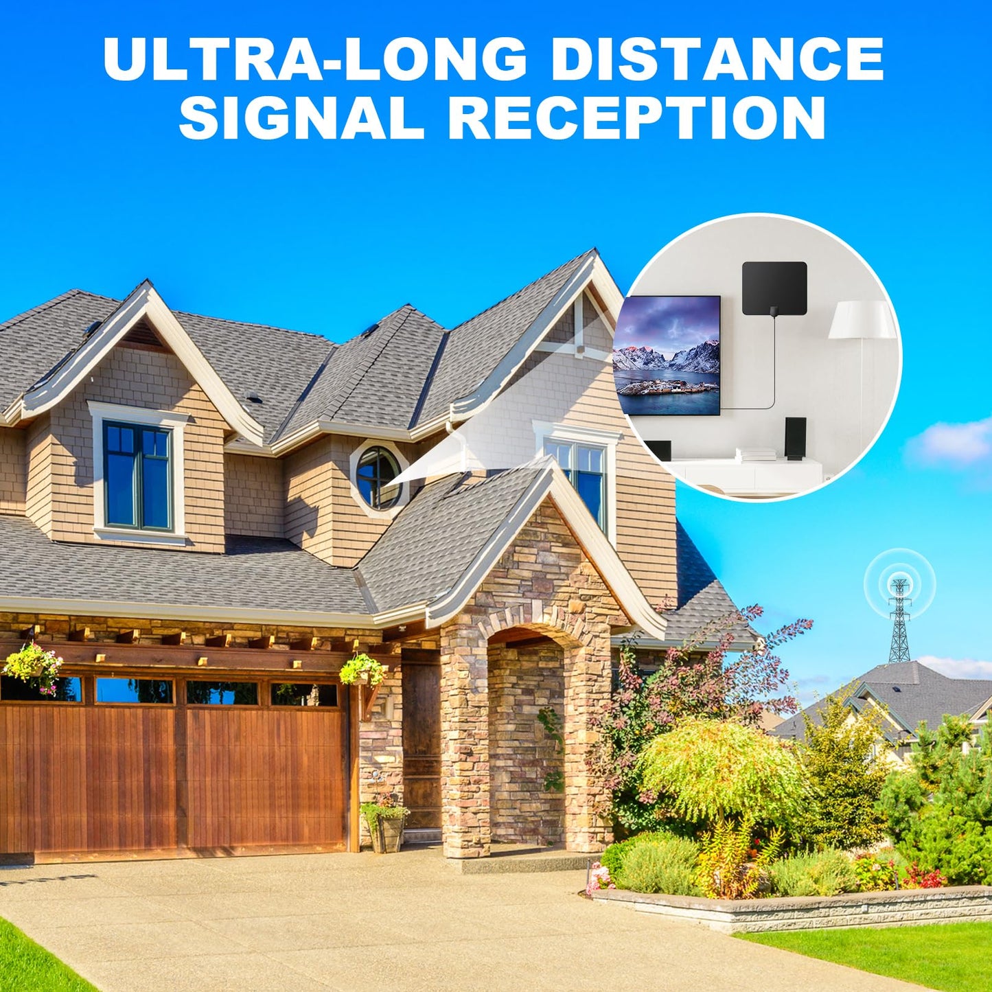 Antena de TV para interiores de largo alcance de 900 millas, compatible con recepción de señal de TV inteligente 4K 1080p con amplificador de señal Cable coaxial HDTV de 15 pies