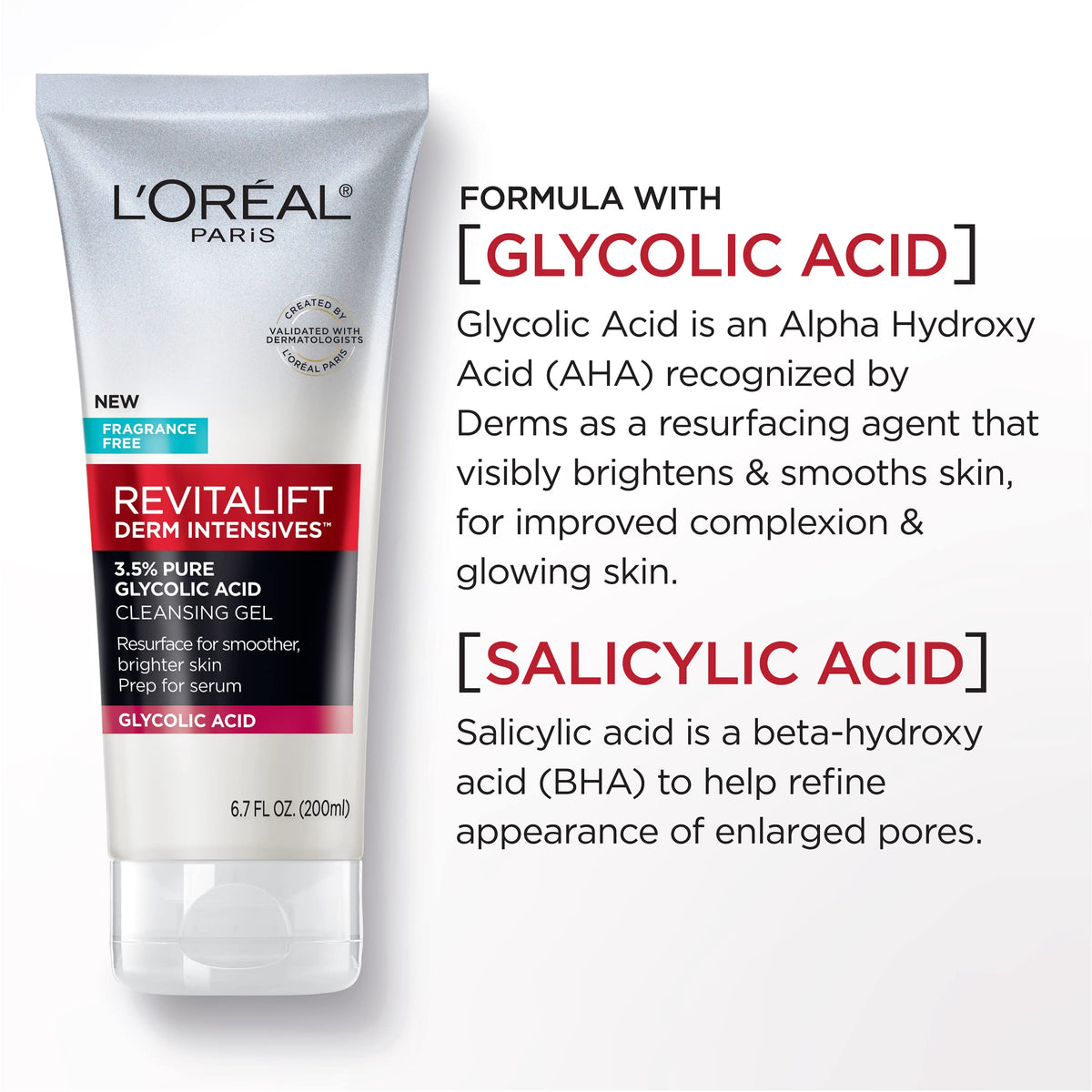 L'Oréal Paris L'Oreal Paris Revitalift 3.5% Gel limpiador de ácido glicólico puro con ácido salicílico, resurgimiento para una piel más suave y brillante, 6.7 fl oz