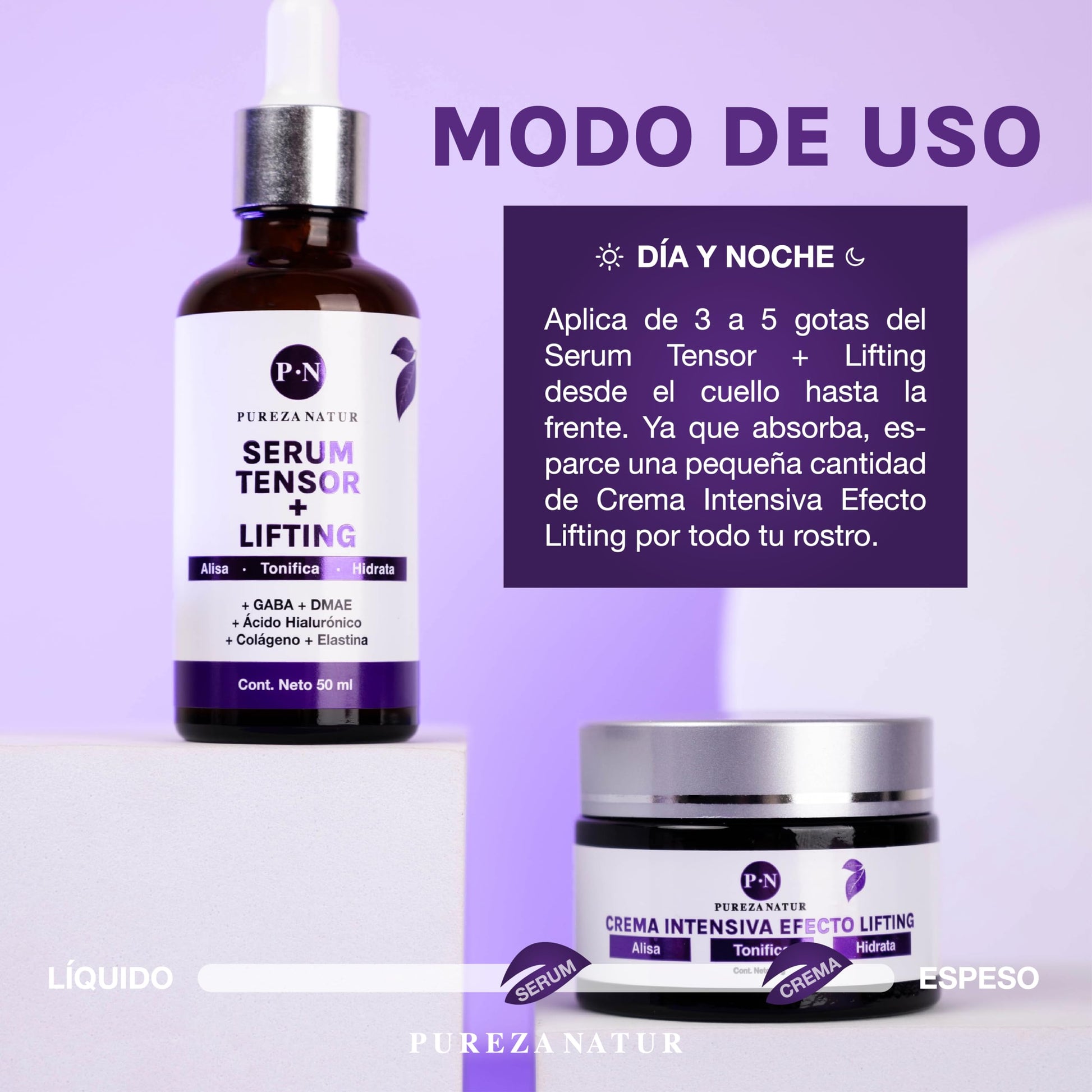 PUREZA NATUR Pack Tensor + Lifting serum tensor y crema lifting intensiva | Paquete completo de suero 50ml + crema 50g para el cuidado de la piel, hidratación y rejuvenecimiento (Pack Tensor Lifting)