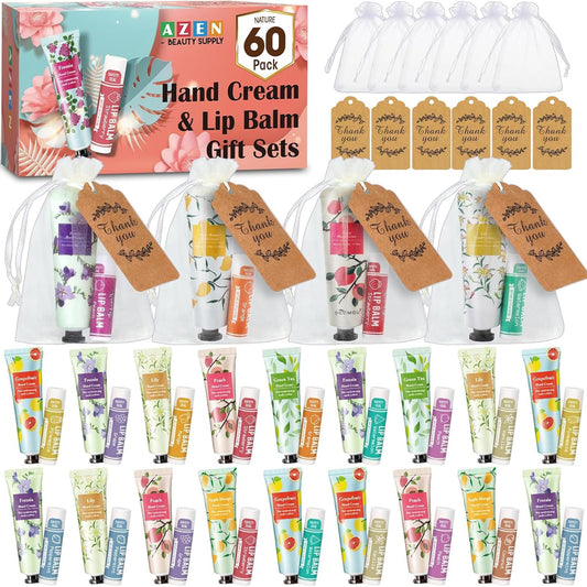 AZEN- Juego de 60 cremas de manos y bálsamos labiales a granel, obsequios para invitados de despedida de soltera con bolsa de organza, gracias