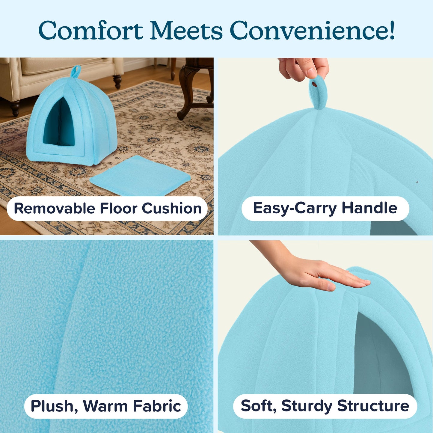 Petmaker Cozy Kitty Tent Igloo Plush Cat Bed, Blue