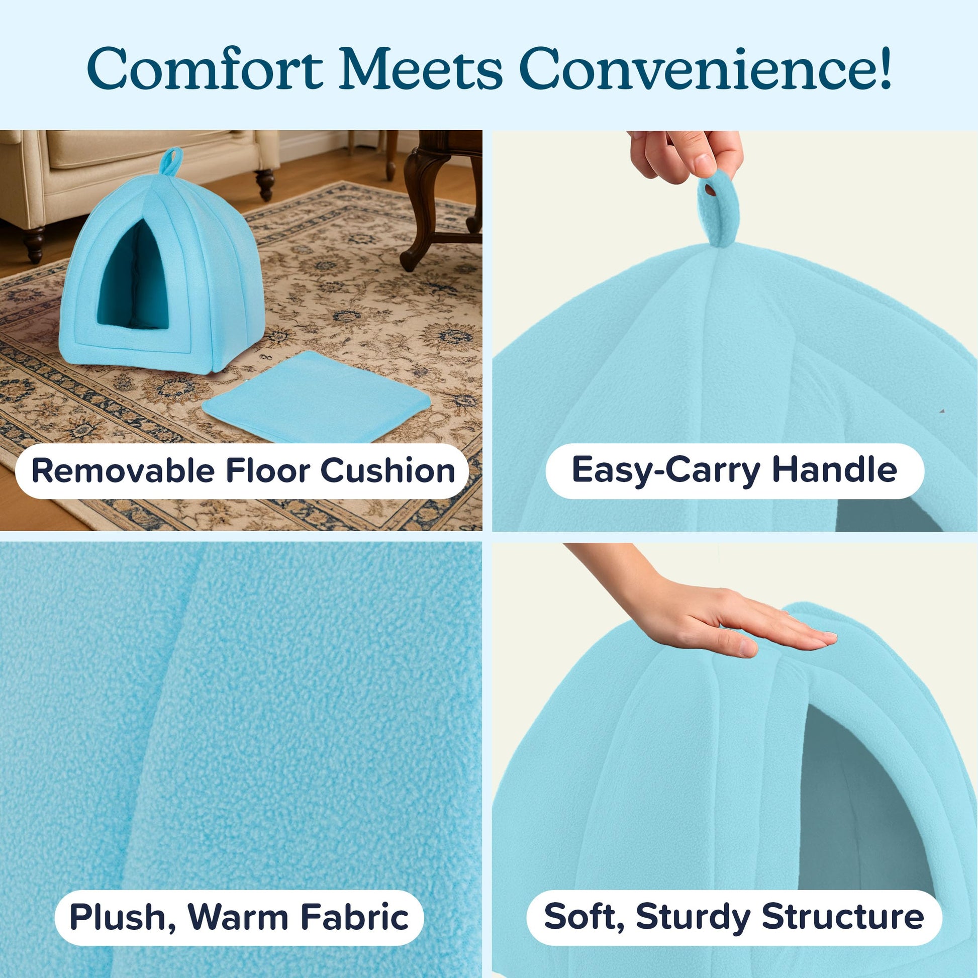 Petmaker Cozy Kitty Tent Igloo Plush Cat Bed, Blue