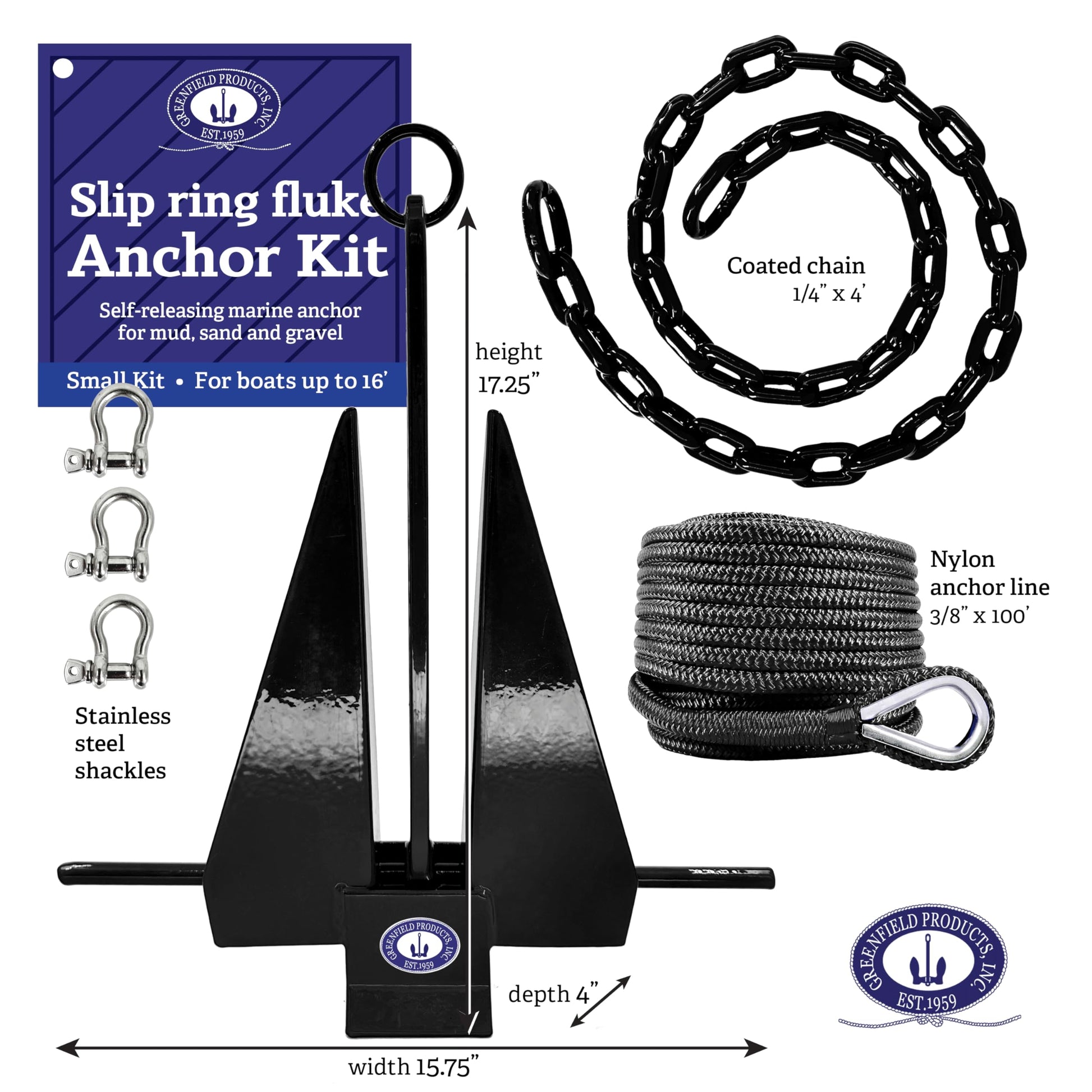 Greenfield Kit completo de anclaje para barco (hasta 16 pies y 24 pies) viene con anclaje Fluke, cadena de anclaje, cuerda de anclaje, grilletes. Kit Fluke recubierto negro. Accesorios para