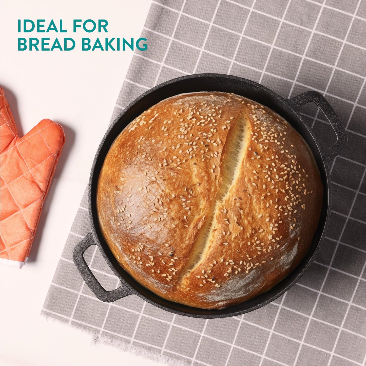 Navaris Sarten Hierro Fundido con Tapa - Sartén Holandesa con 2 Asas - Apta para Cualquier Cocina y Horno - Sartén sazonada 32 cm de 4,7 l de Capacidad - con Manual y Recetas