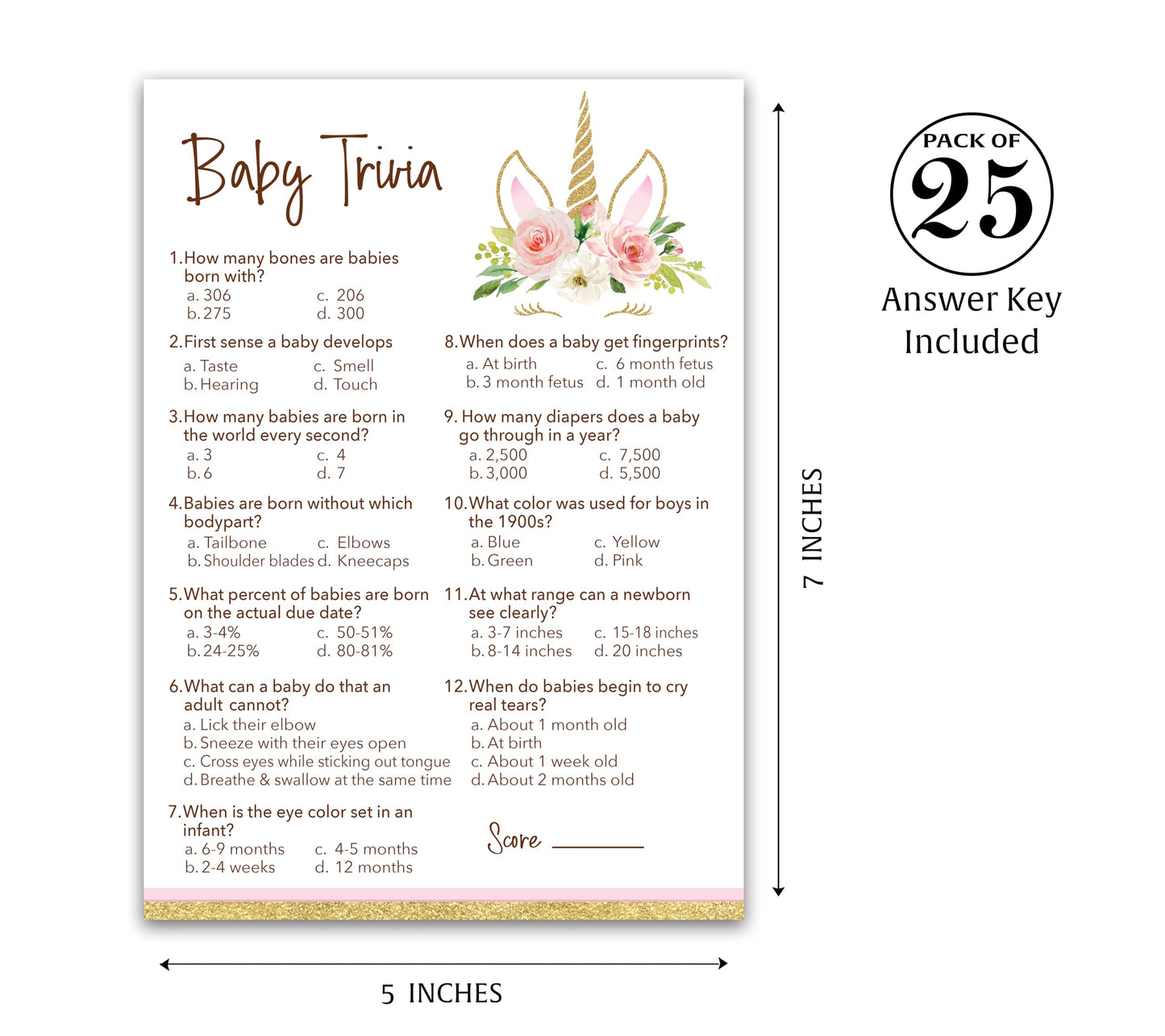 Roseum Collections UNICORN GIRL - Juego de baby shower para niña - Juego de 25 - Divertidos juegos de datos del bebé, diseño floral rosa para baby shower, actividades para baby shower con temática