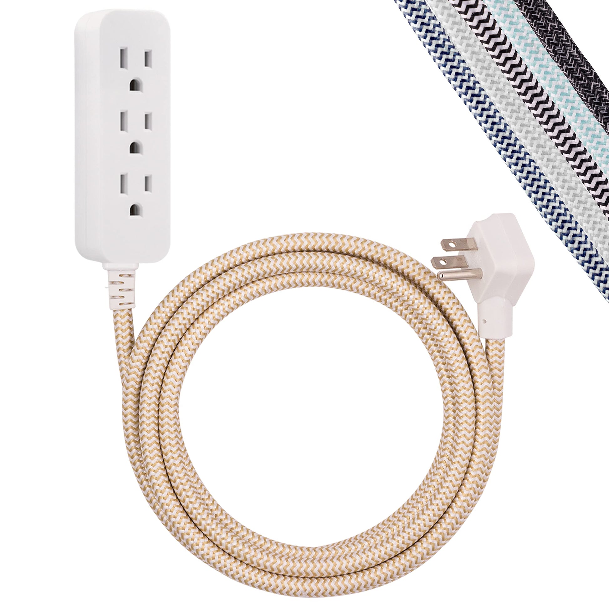 Cordinate Designer 3-Outlet Extension Cord with Surge Protection, Brown Braided Décor Fabric Cord, 10 ft, Low-Profile Plug with Tamper Resistant Safety Outlets, 37916