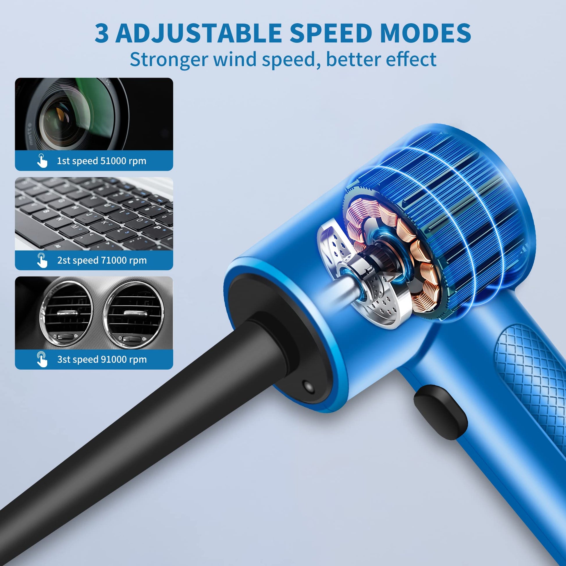 Jenawin - Plumero eléctrico de aire comprimido, 3 velocidades 91000 RPM, 8000 mAh recargable, kit 14 en 1 con LED, para computadoras, teclados, coches y más