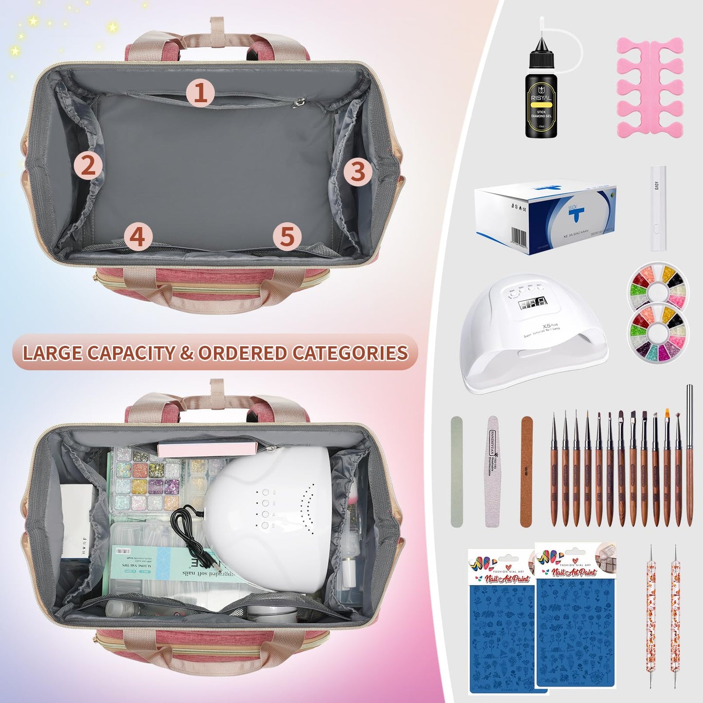 LTINVECK - Funda organizadora de esmalte de uñas con capacidad para 70 botellas y lámpara de uñas, 2 capas desmontables, kit de suministros de uñas, Rosado, Viajes