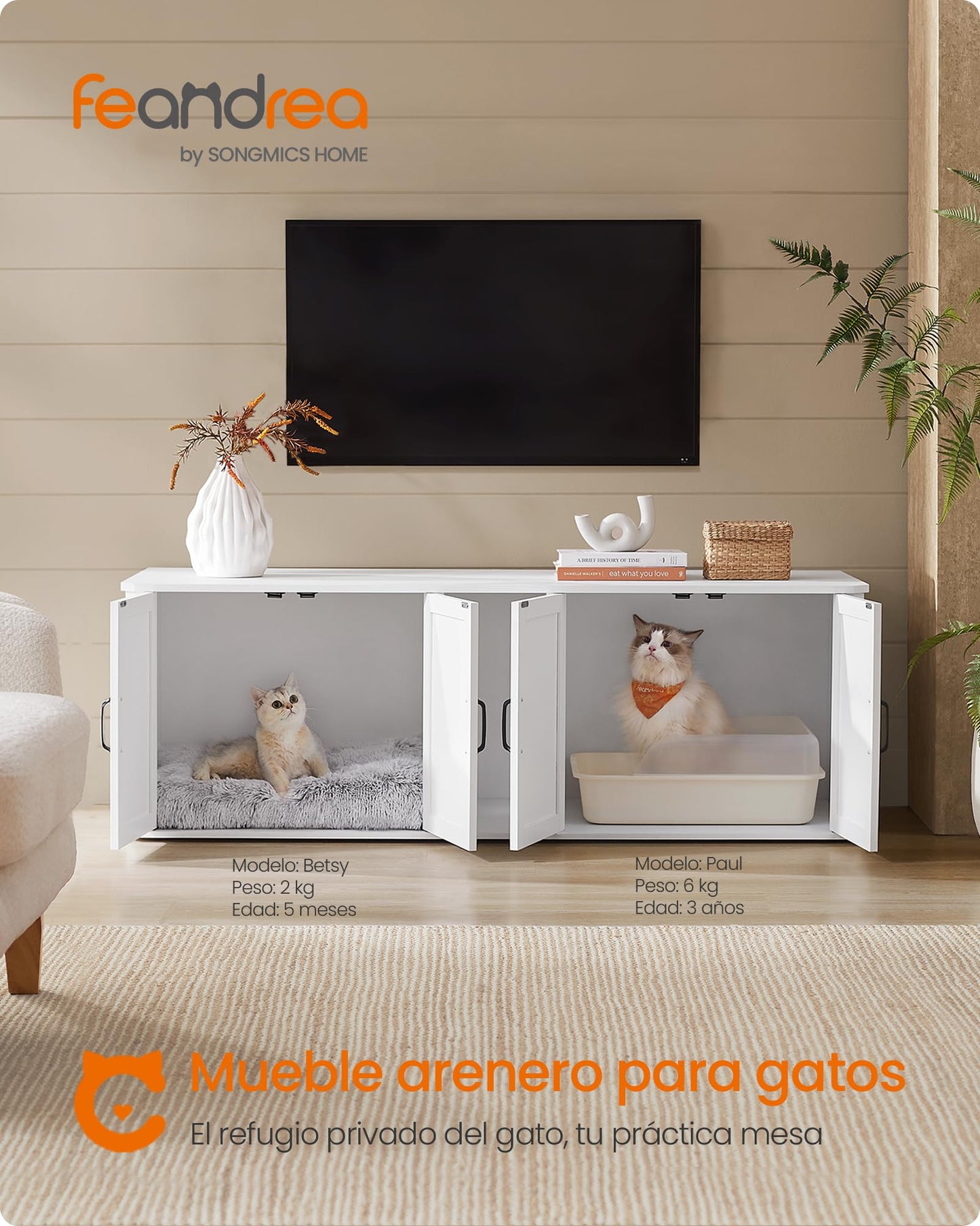 Feandrea Mueble Arenero para Gatos, Caja de Arena para 2 Gatos, Mesa Auxiliar, 145.6 x 48.5 x 50 cm, Blanco Nube MPCL010W01