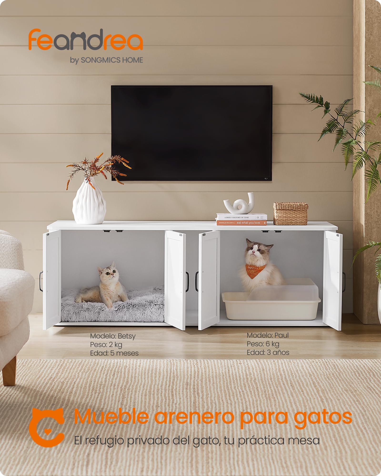 Feandrea Mueble Arenero para Gatos, Caja de Arena para 2 Gatos, Mesa Auxiliar, 145.6 x 48.5 x 50 cm, Blanco Nube MPCL010W01