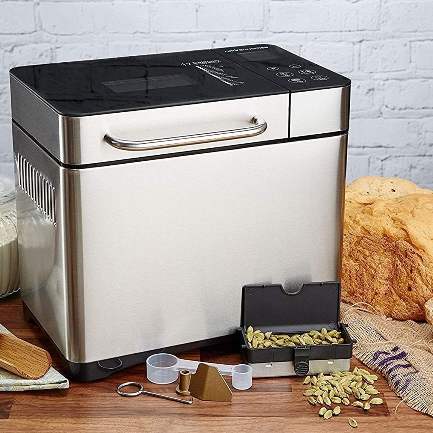KBS Máquina de pan grande 17 en 1, máquina de pan de acero inoxidable de 2 libras con dispensador automático de frutos secos, sartén de cerámica antiadherente, panel táctil completo de vidrio templado, reserva y mantiene caliente, guante de horno y receta