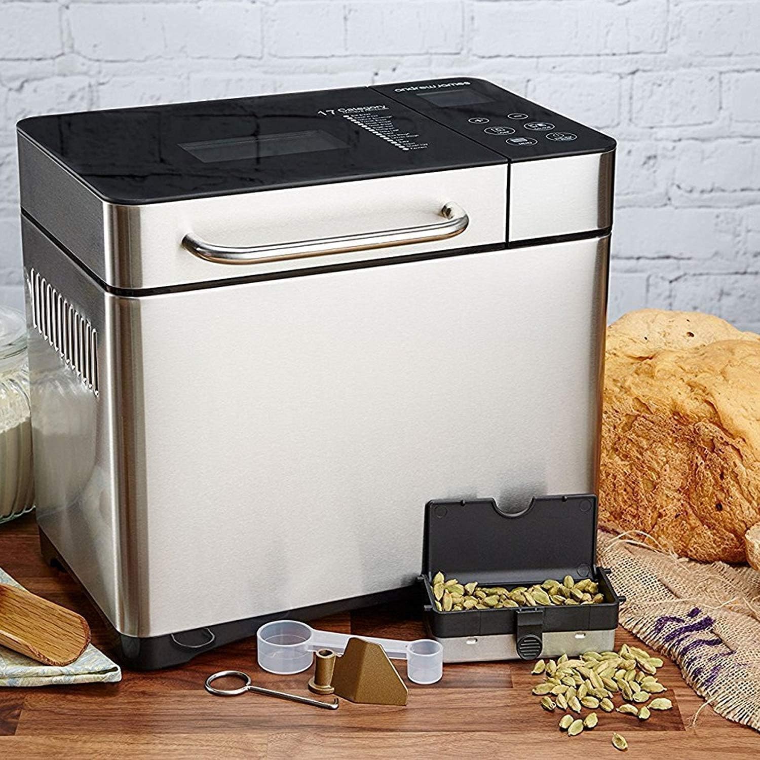 KBS Máquina de pan grande 17 en 1, máquina de pan de acero inoxidable de 2 libras con dispensador automático de frutos secos, sartén de cerámica antiadherente, panel táctil completo de vidrio templado, reserva y mantiene caliente, guante de horno y receta