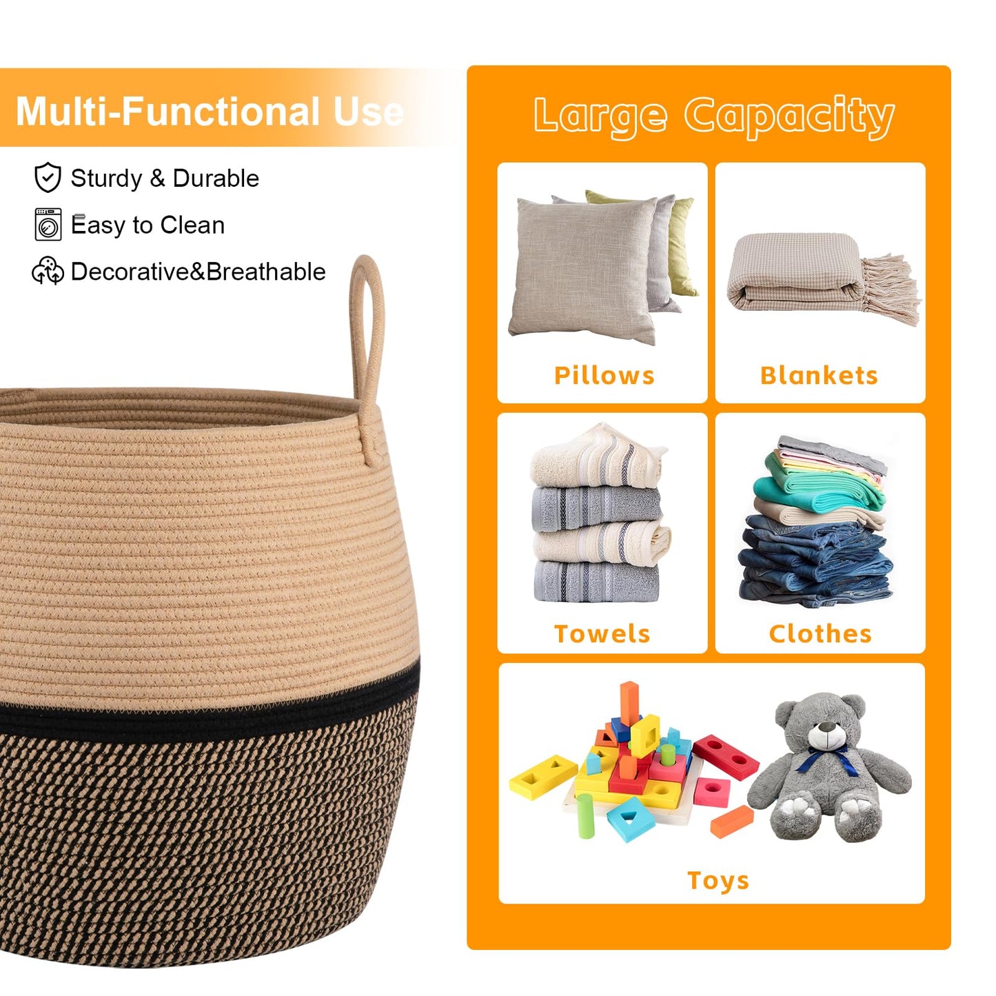 OIAHOMY Cesta para Mantas de 60L con Asa, Cesta de Almacenamiento para Sala de Estar, Cesta de Lavandería para Ropa, Toallas, Almohadas, Almacenamiento de Juguetes para Niños y Perros, Cesta de Bebé