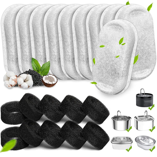 Filtros de fuente de agua para gatos, paquete de 20 filtros de repuesto para fuente de agua de acero inoxidable de 110 oz/3.2 L y 64 oz/2L ajustable para fuente de agua para mascotas, filtros de
