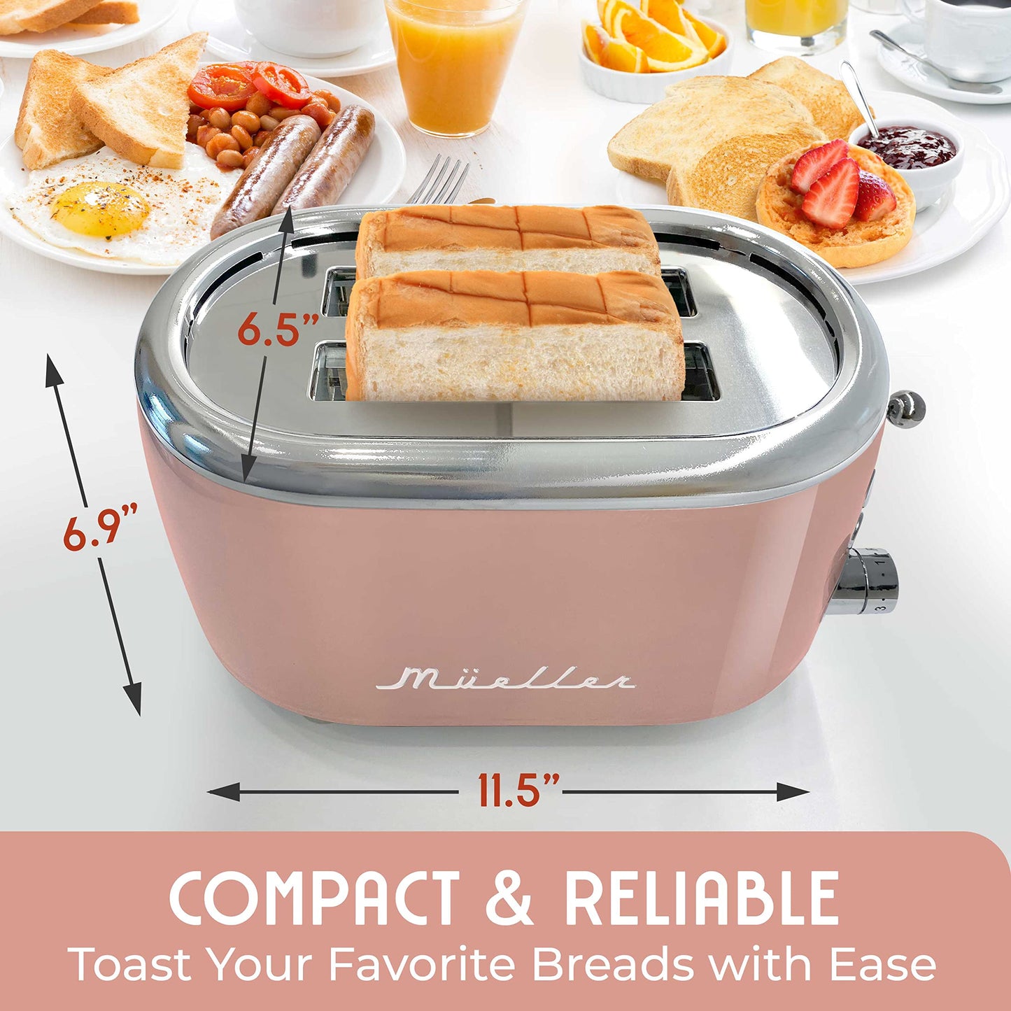 MÜELLERHOME tostador retro de 2 rebanadas, 7 niveles de dorado, 3 funciones (recalentar, descongelar, cancelar), bandeja extraíble para migas, almacenamiento de cable debajo de la base, decoración de