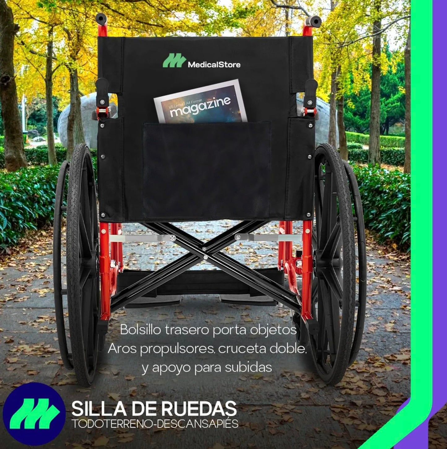 Silla De Ruedas MEDICAL STORE Rojo Todo Terreno Plegable para Adulto Mayor