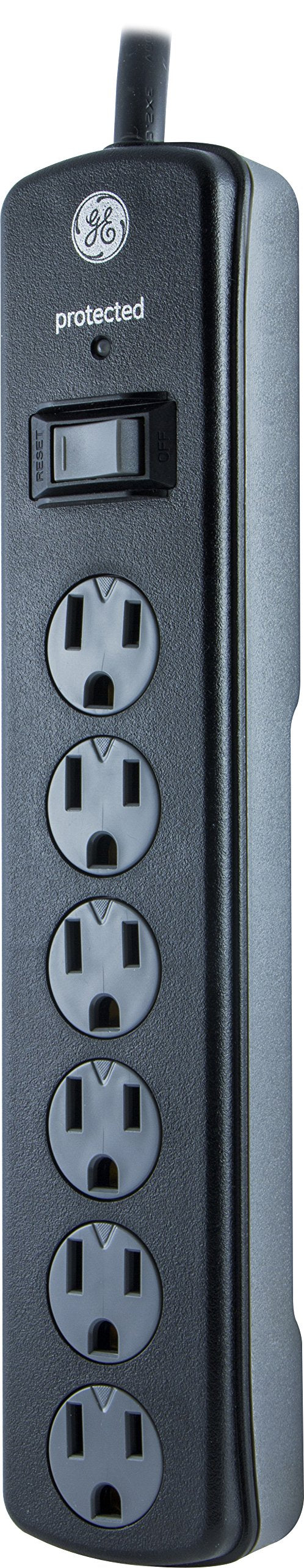 GE Tira Multicontactos De 6 Salidas Con Supresor De Picos Y Enchufe Plano, Cable De Extensión De 2.4 Metros (8 Pies), 1300 Julios, Cubiertas De Seguridad Con Giro Para Cerrar, Negro, 1 Unidad, 33662
