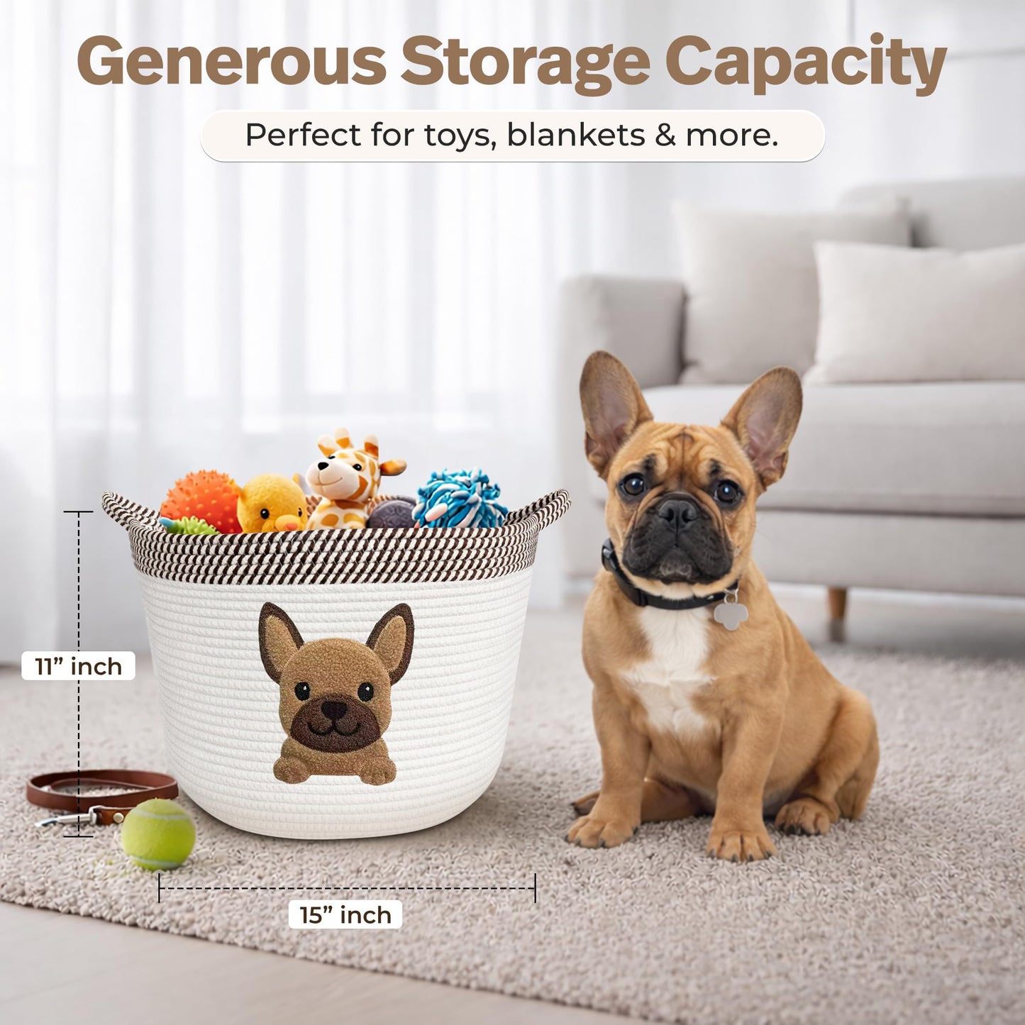 Cesta de juguetes para perros French Bulldog, Pug y Boston Terrier, cesta de almacenamiento tejida de cuerda de algodón de 15x11 pulgadas con parche de cachorro, organizador grande para mascotas para