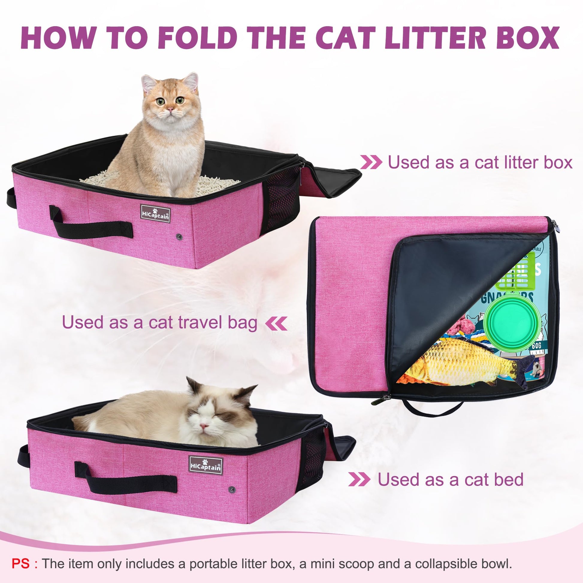 HiCaptain - Caja de arena portátil para gatos con tapa, caja de arena de viaje plegable para gatos medianos y grandes, a prueba de fugas, caja plegable estándar para viajes, color rosa