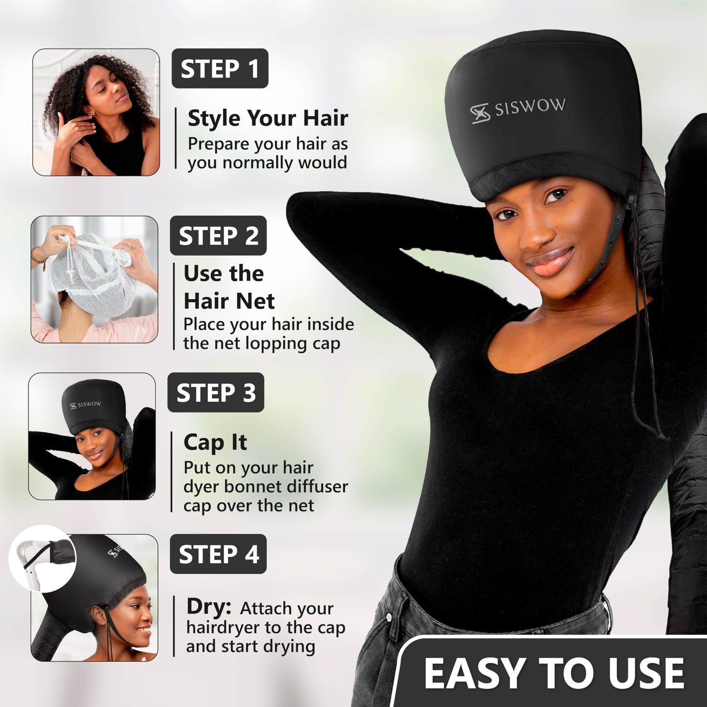 Gorro para secar el cabello rizado, tapa difusora para rizar, acelera el tiempo de secado, acondicionamiento profundo de seguridad en casa, portátil, ajustable