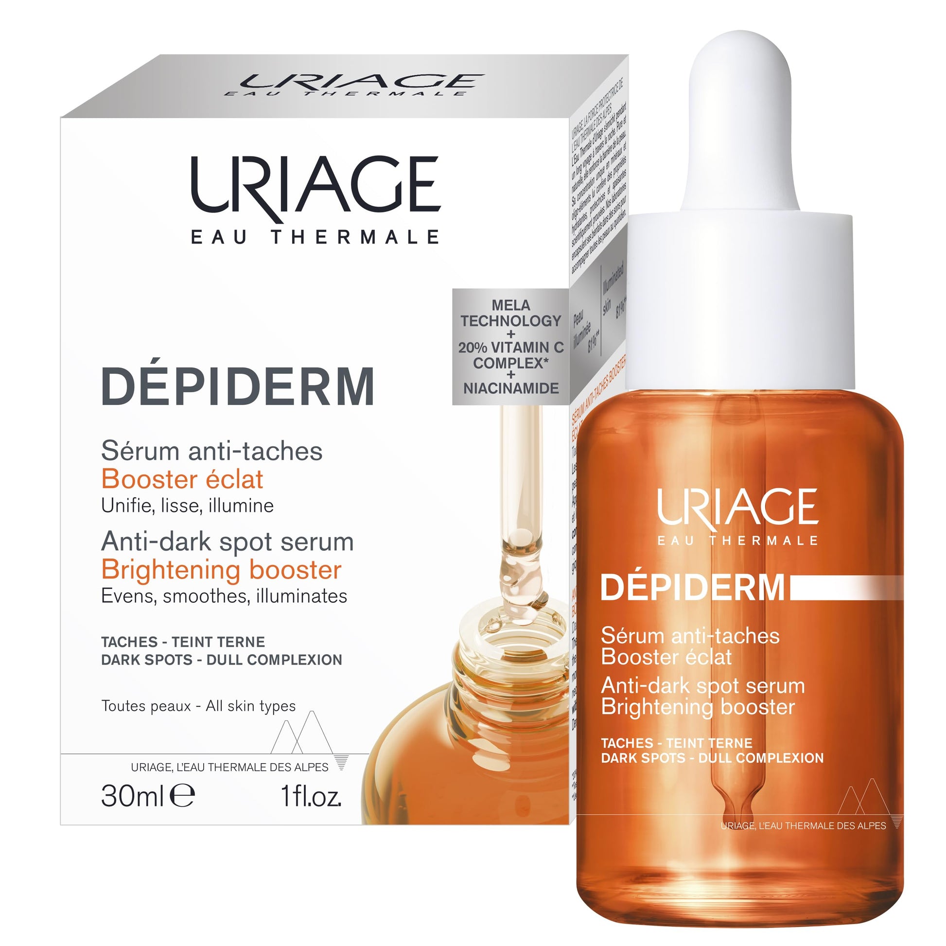 Uriage Depiderm Sérum de vitamina C estabilizada 30ml -solución antimanchas para una piel luminosa con un complejo de vitamina C al 20% y niacinamida - Sin fragancia - apto para pieles sensibles - no comedogénico - testado dermatológicamente