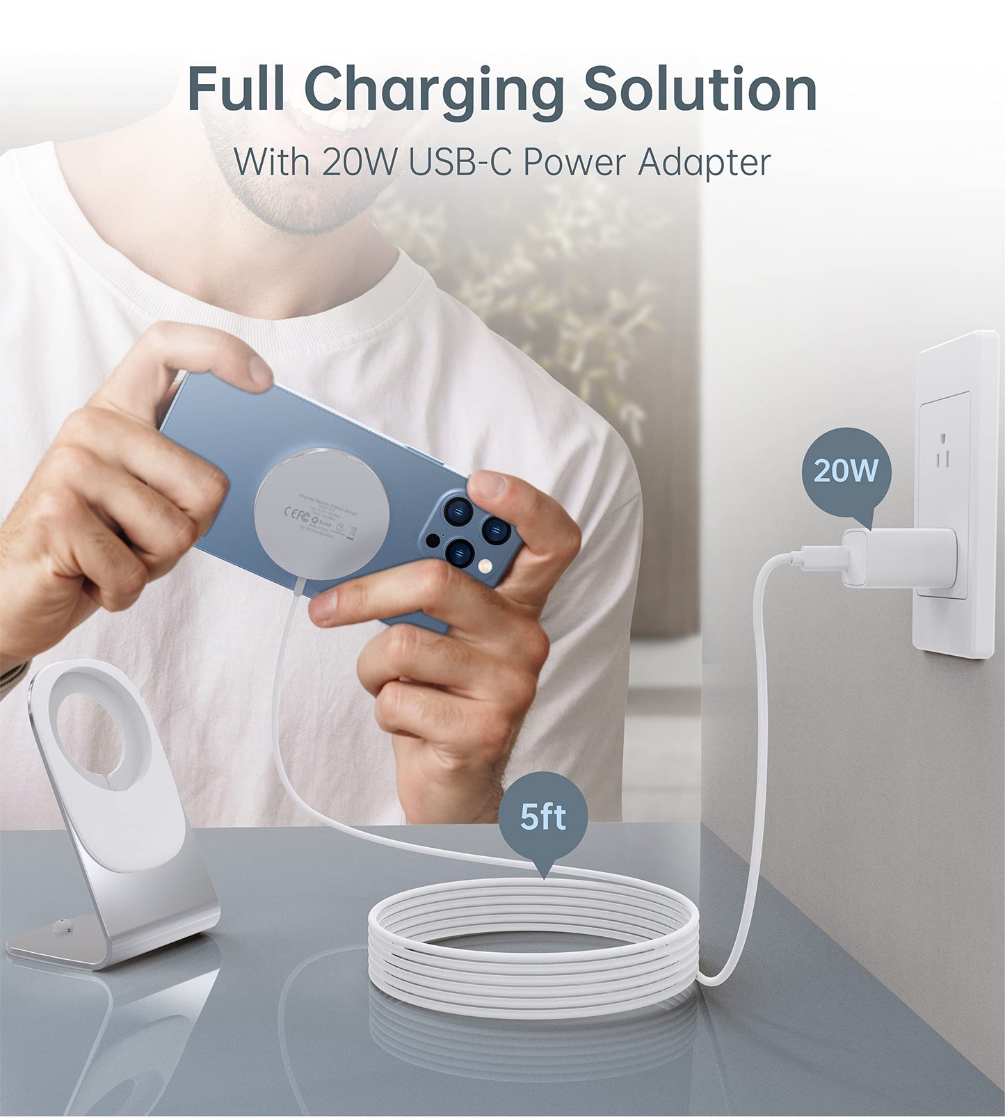Cargador inalámbrico magnético para iPhone 15/14/13/12 – Cargador Mag + adaptador USB C de 20 W, soporte de carga inalámbrico rápido con cable USB-C de 5 pies para iPhone 15/14/13/12 Pro Max Plus Mini, cargador Mag-Safe