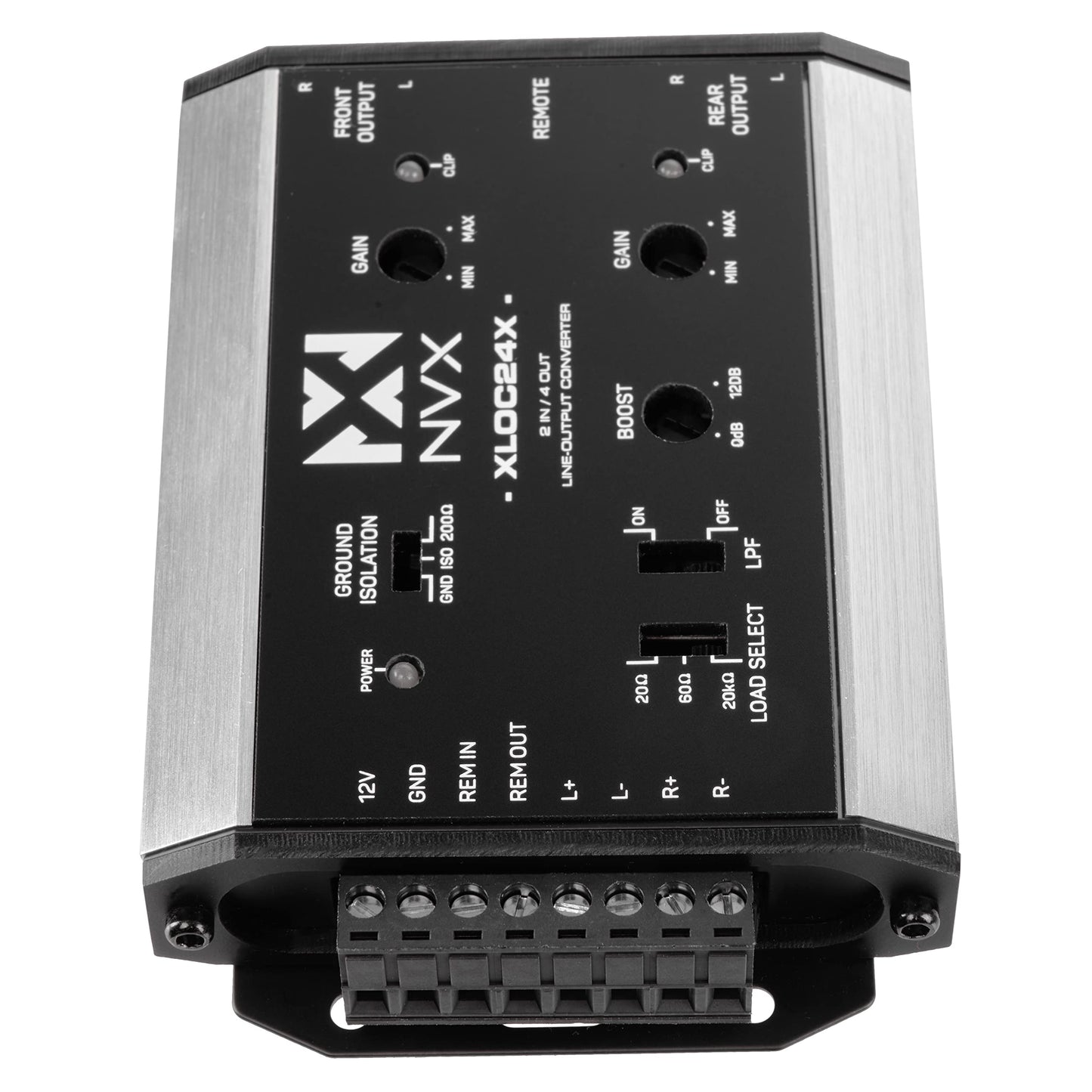 NVX XLOC24X Convertidor de salida de línea activa de alto voltaje con 2 entradas / 4 salidas con coincidencia de impedancia y control de nivel remoto