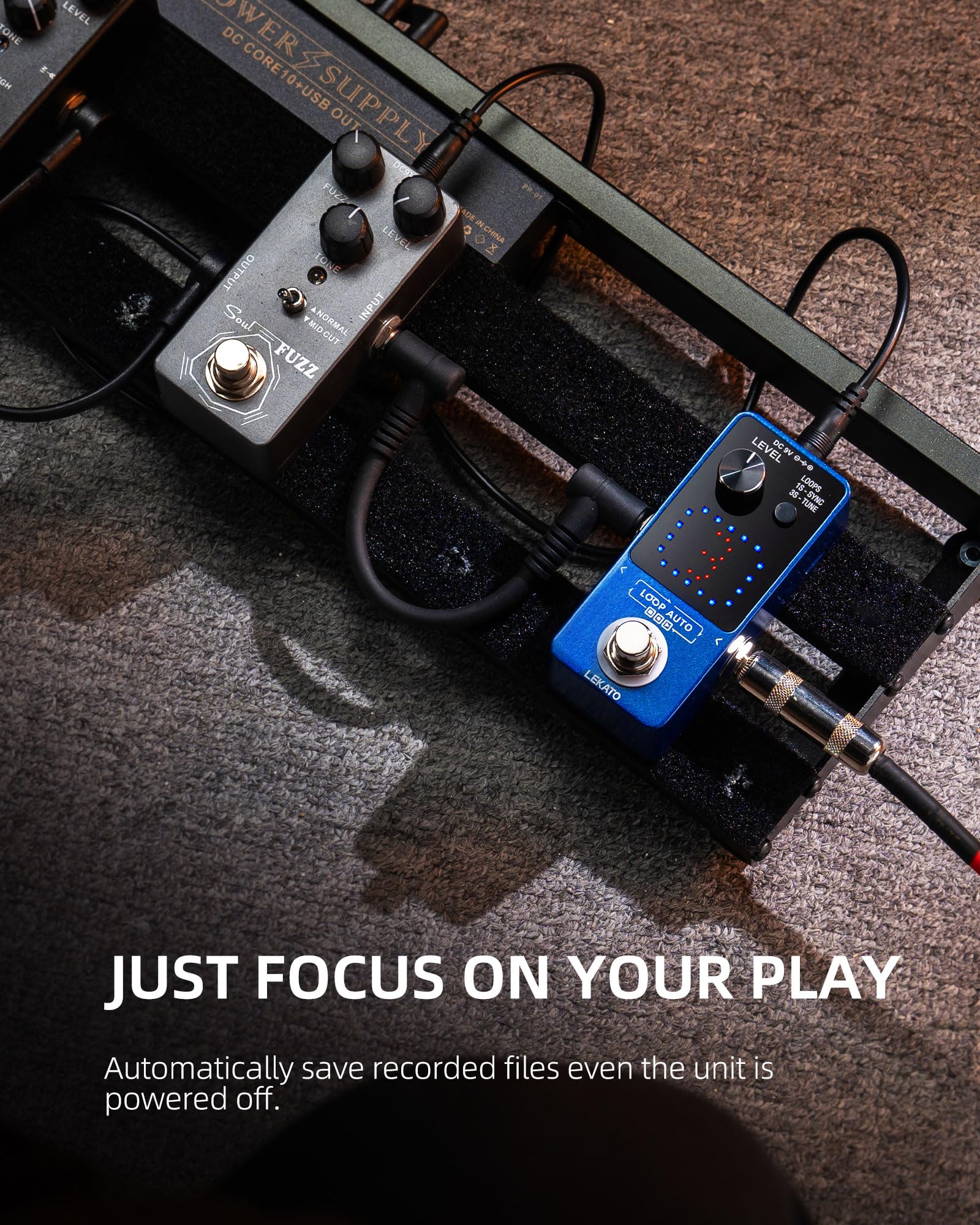 LEKATO - Pedal para guitarra con adaptador de fuente de alimentación de pedal de bucle de 9 V 0.6 A, pedal de bucle de efecto con función SYNC y sintonizador para guitarra eléctrica, 3 bucles, 18