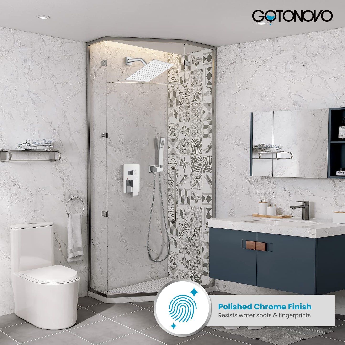 gotonovo - Sistema de ducha de lluvia para baño, cabezal de ducha y asa, juego de ducha montado en la pared, conjunto completo de latón macizo con equilibrio de presión, válvula mezcladora de ducha de