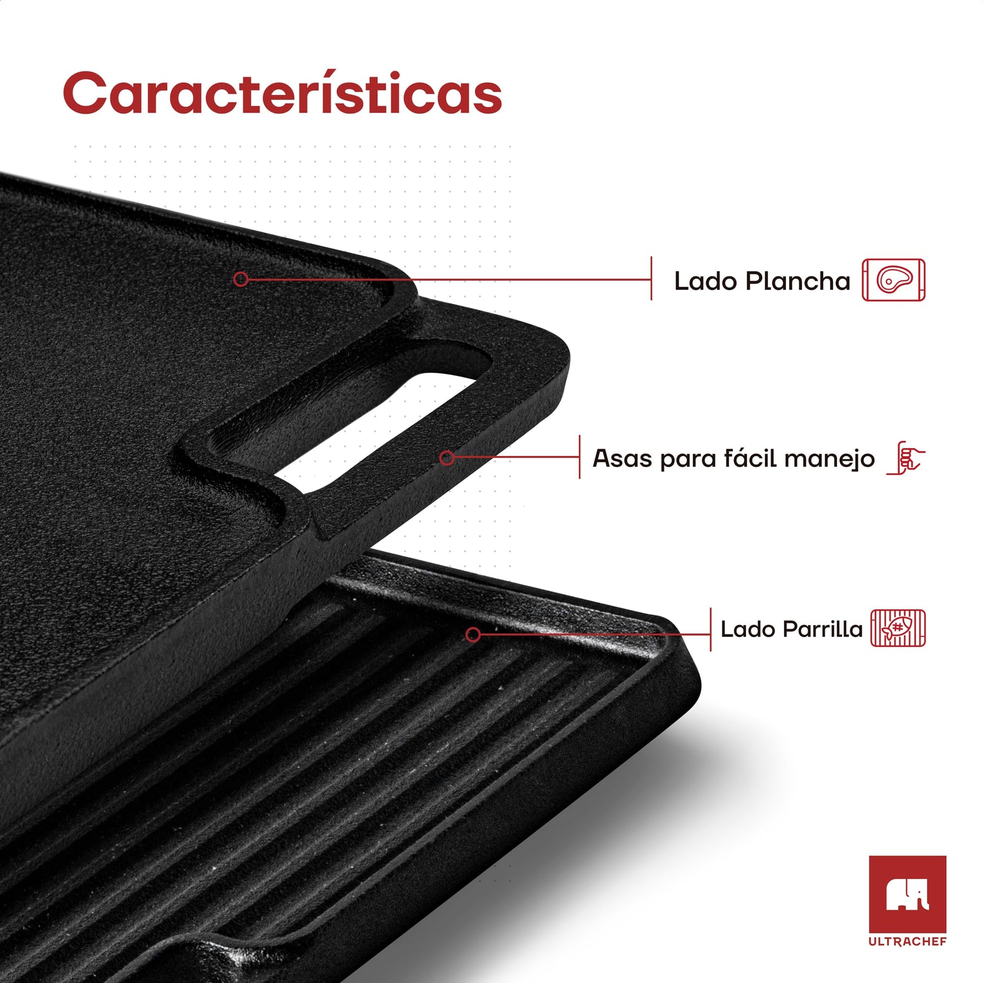 Plancha ULTRACHEF Negro Reversible de Hierro Fundido Rectangular 45 x 26 cm
