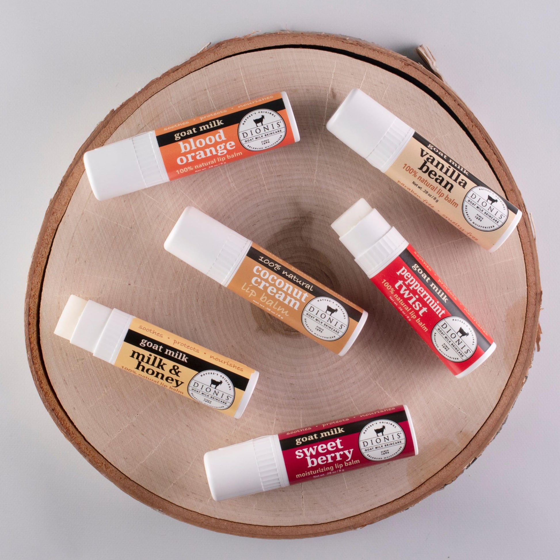 Dionis Juego de regalo de bálsamo labial hidratante de leche de cabra, cera de abeja, manteca de karité y aceite de coco, productos para el cuidado de los labios fabricados en los Estados Unidos, bálsamo labial libre de crueldad y parabenos para labios se