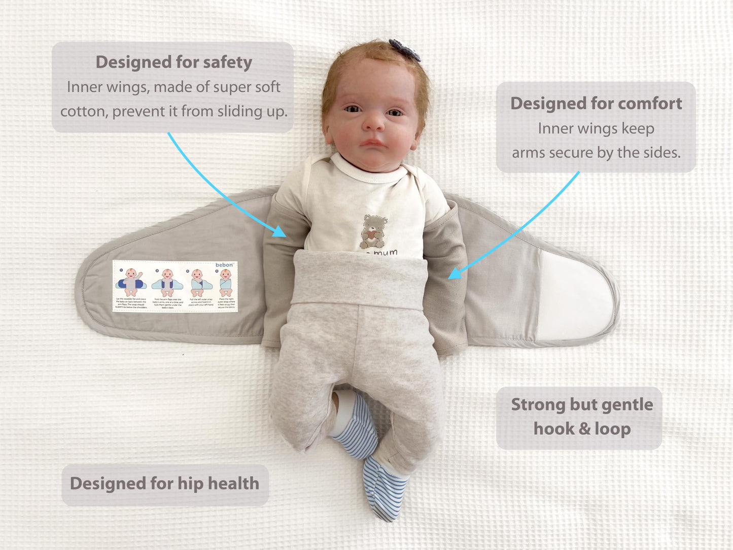 bebon Baby Arm Swaddle | Envoltura ajustable para recién nacidos y bebés – Diseño de doble ala que asegura cómodamente solo los brazos | Algodón ultrasuave (menta, grande)
