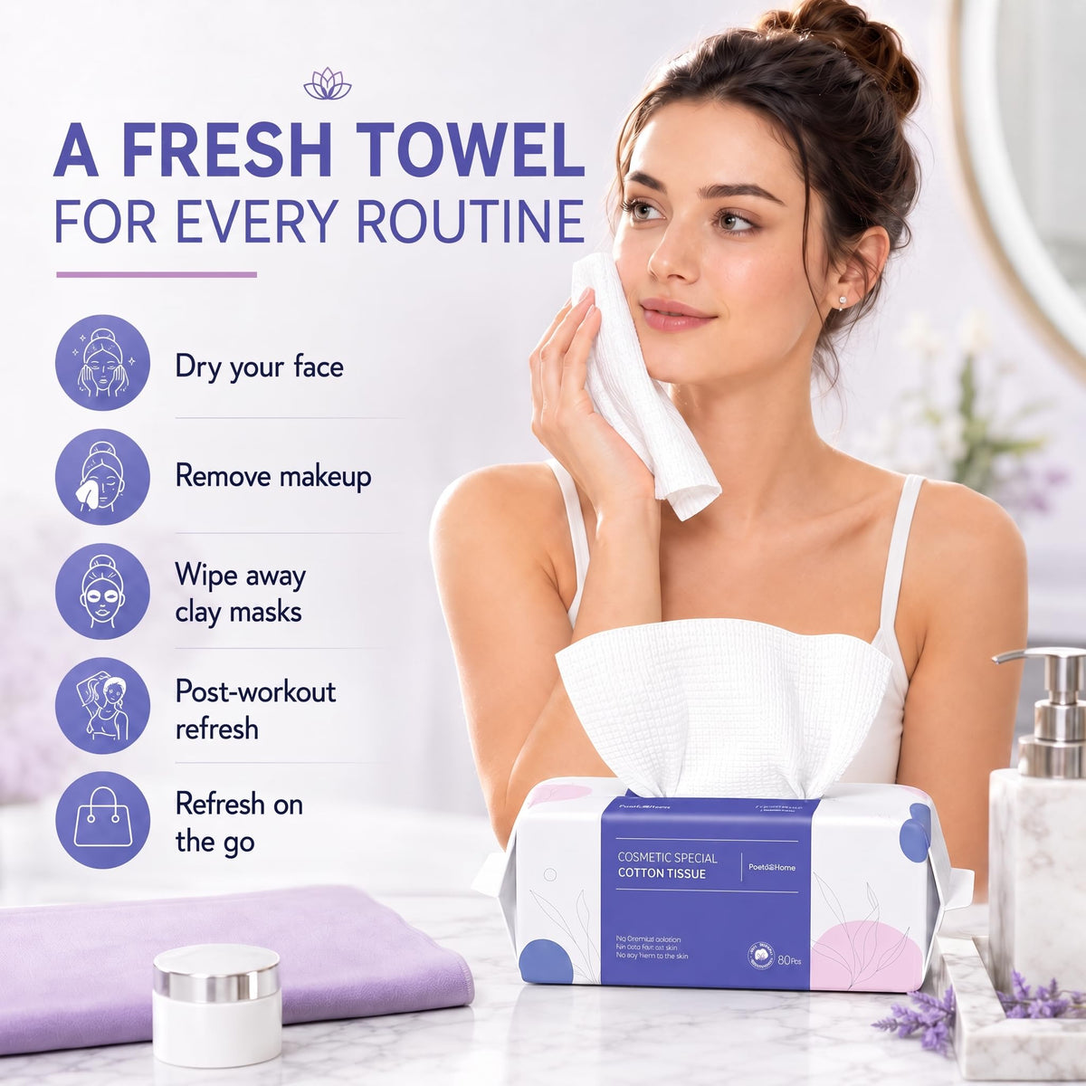 PoeticEHome Toallitas secas de algodón extra grueso, toalla facial desechable sin pelusa, paños de tejido facial para limpieza profunda y limpieza de maquillaje, paquete de 4