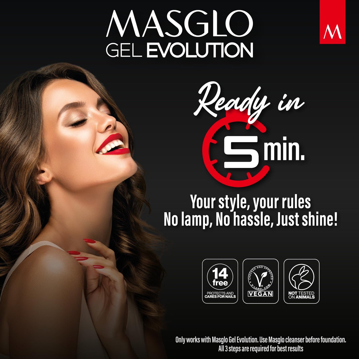 MASGLO- GEL EVOLUTION Esmalte de Uñas Efecto Gel, Sin Lámpara UV/Led, Duración Hasta 12 días, 3 uds Tonos Rojos Co