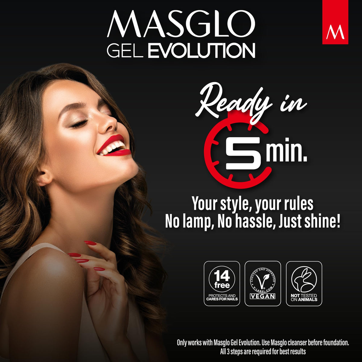 MASGLO- GEL EVOLUTION Esmalte de Uñas Efecto Gel, Sin Lámpara UV/Led, Duración Hasta 12 días, 3 uds - Kit Base, Esma