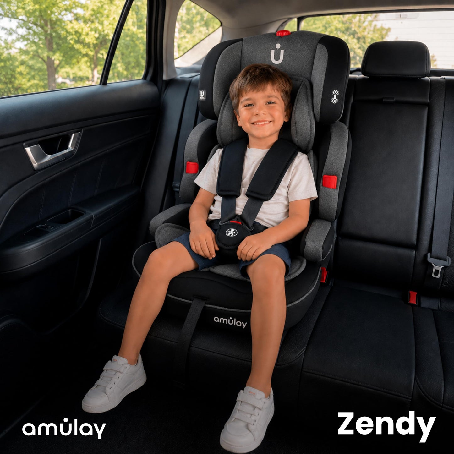 Amulay | Autoasiento para Bebe de 9 a 36 kg | Booster Car Seat con Arnés de 5 puntos, Respaldo Reclinable, Cojín elevador y Reposa cabezas ajustable | Color Gris y Negro