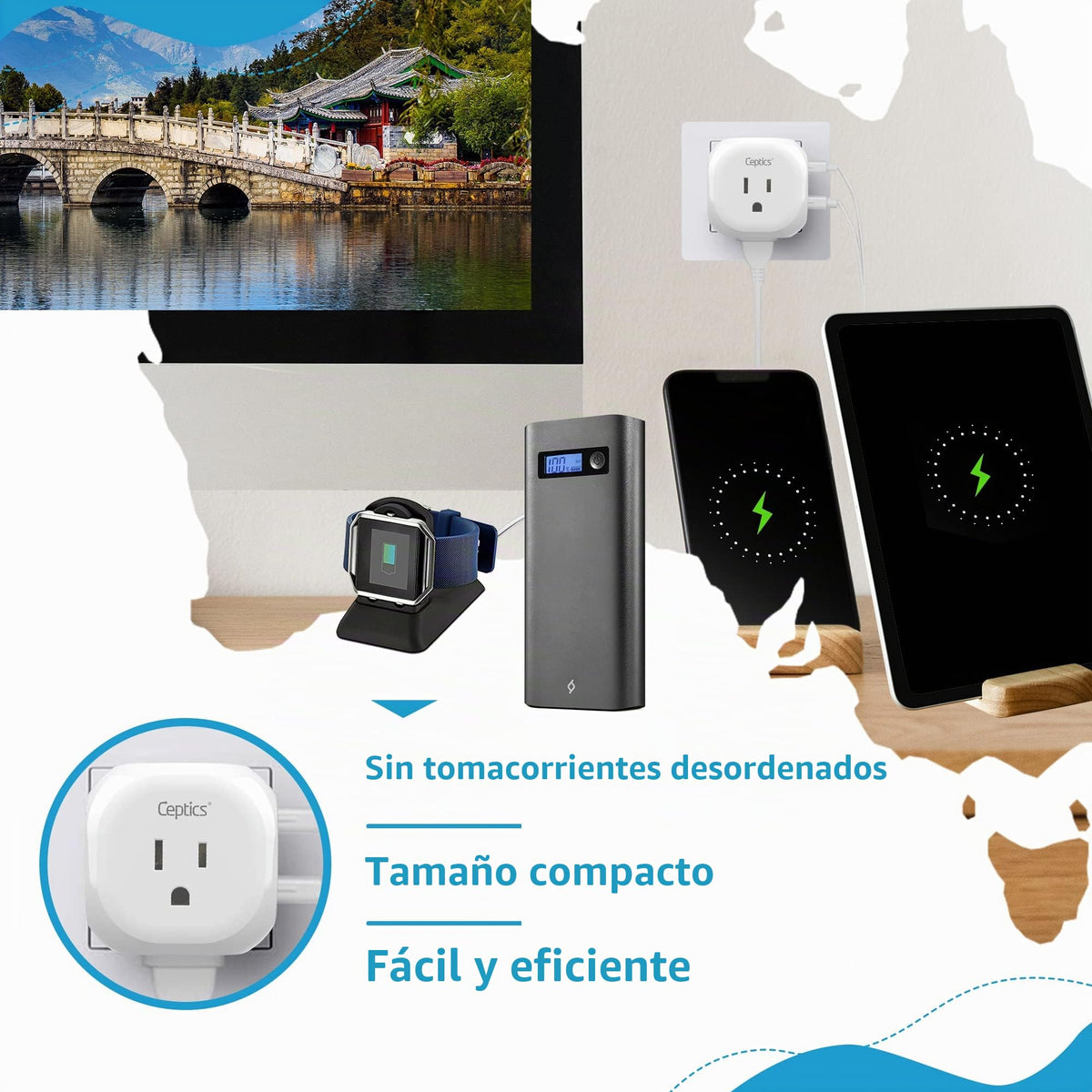 Adaptador De Viaje Ceptics Azul | 5 Entradas Con 20W PD-QC 3.1A Dual USB-C Y USB | Ultracompacto Y Ligero Para Australia Y China